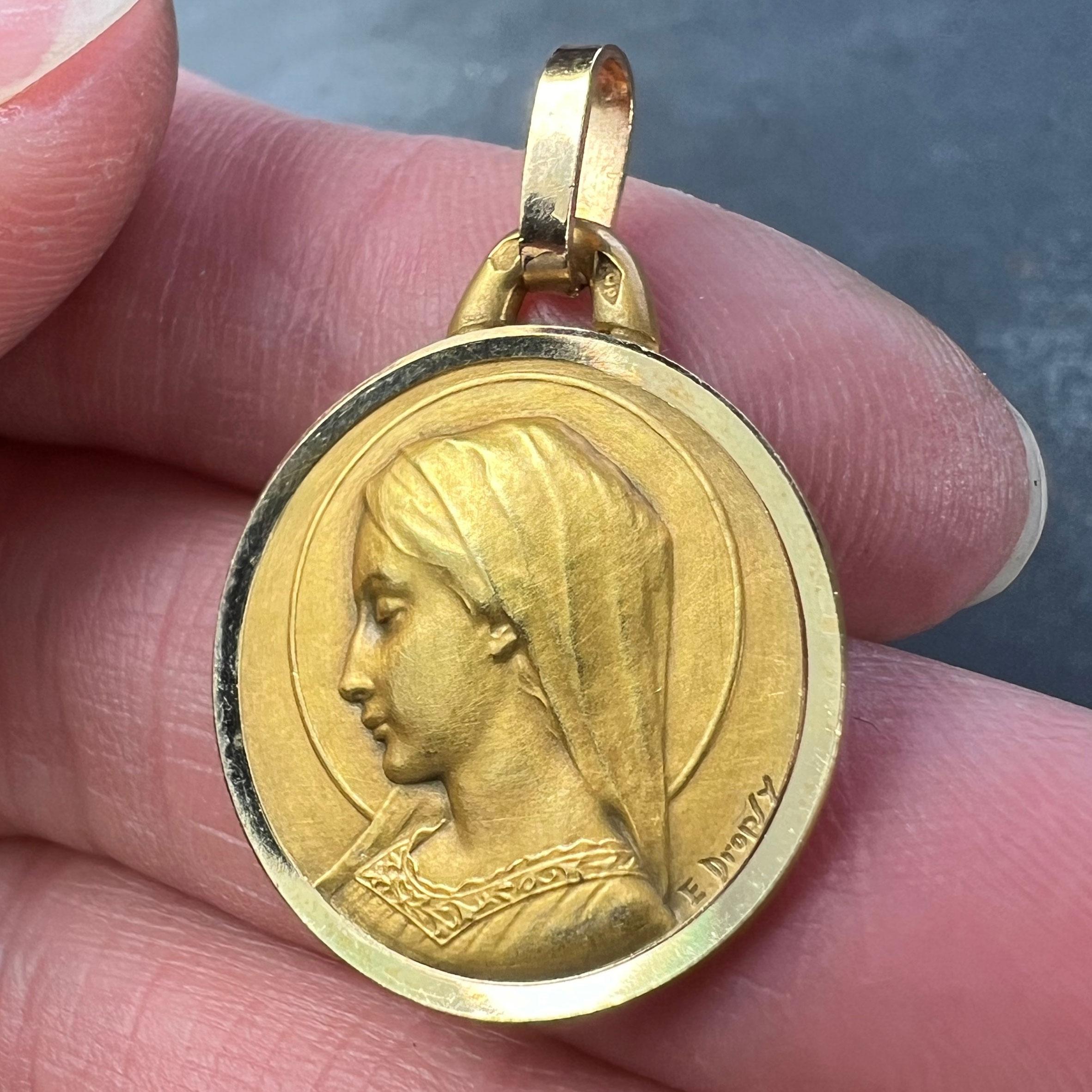 Women's French Dropsy Virgin Mary 18K Yellow Gold Religious Medal Pendant For Sale