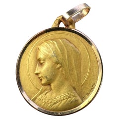 Vintage French Dropsy Virgin Mary 18K Yellow Gold Religious Medal Pendant