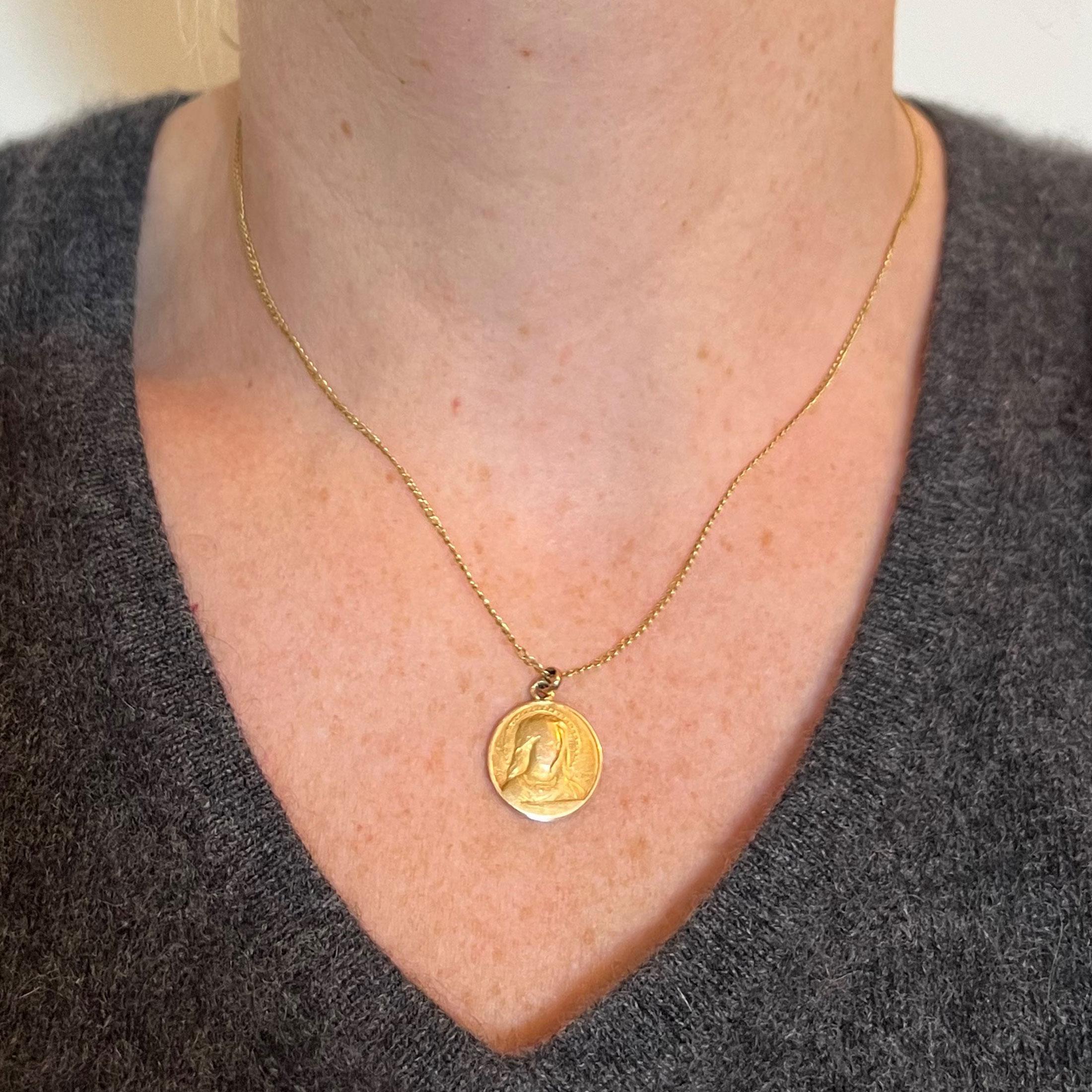 Women's or Men's French Dropsy Virgin Mary Ave Maria 18K Yellow Gold Charm Pendant For Sale