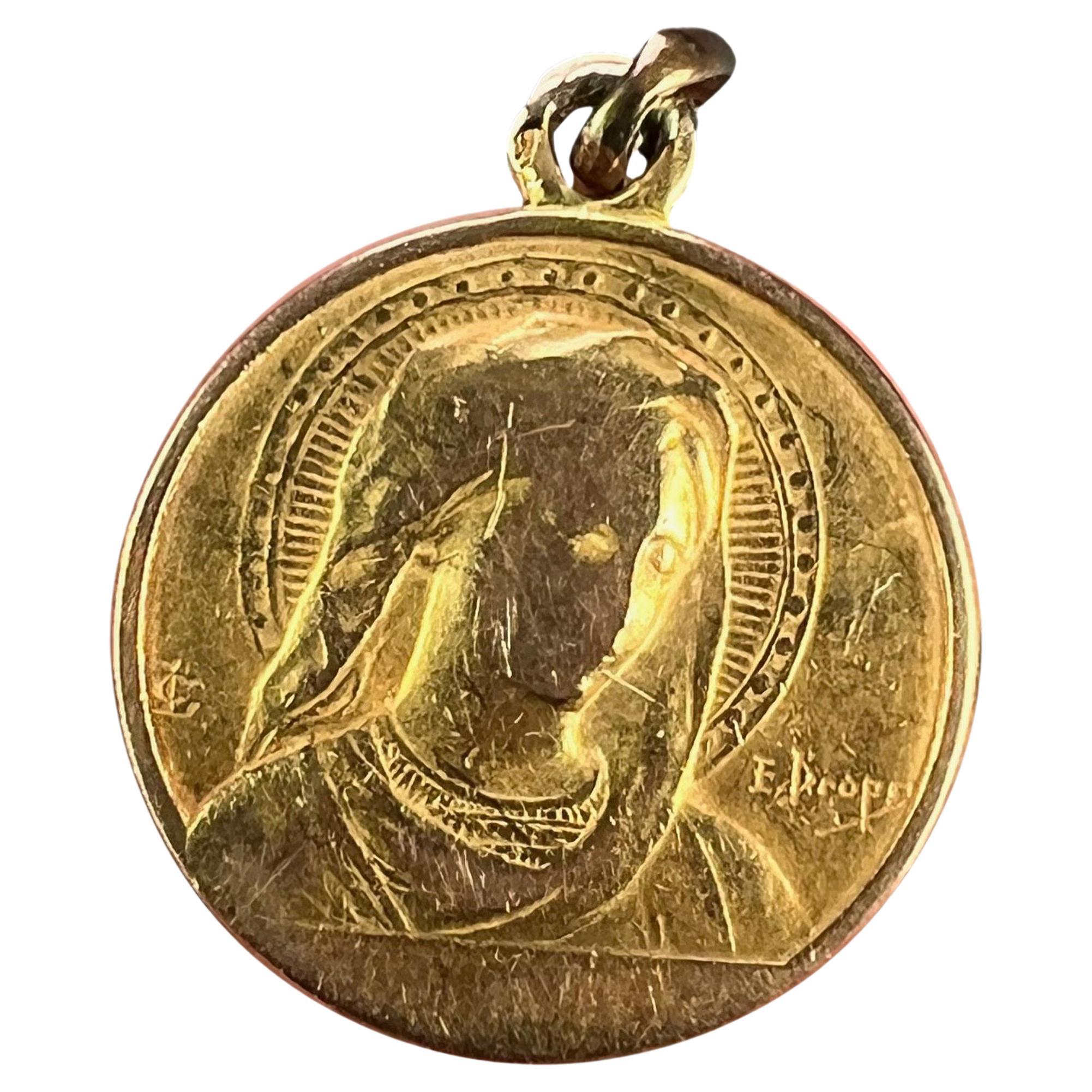 French Dropsy Virgin Mary Ave Maria 18K Yellow Gold Charm Pendant