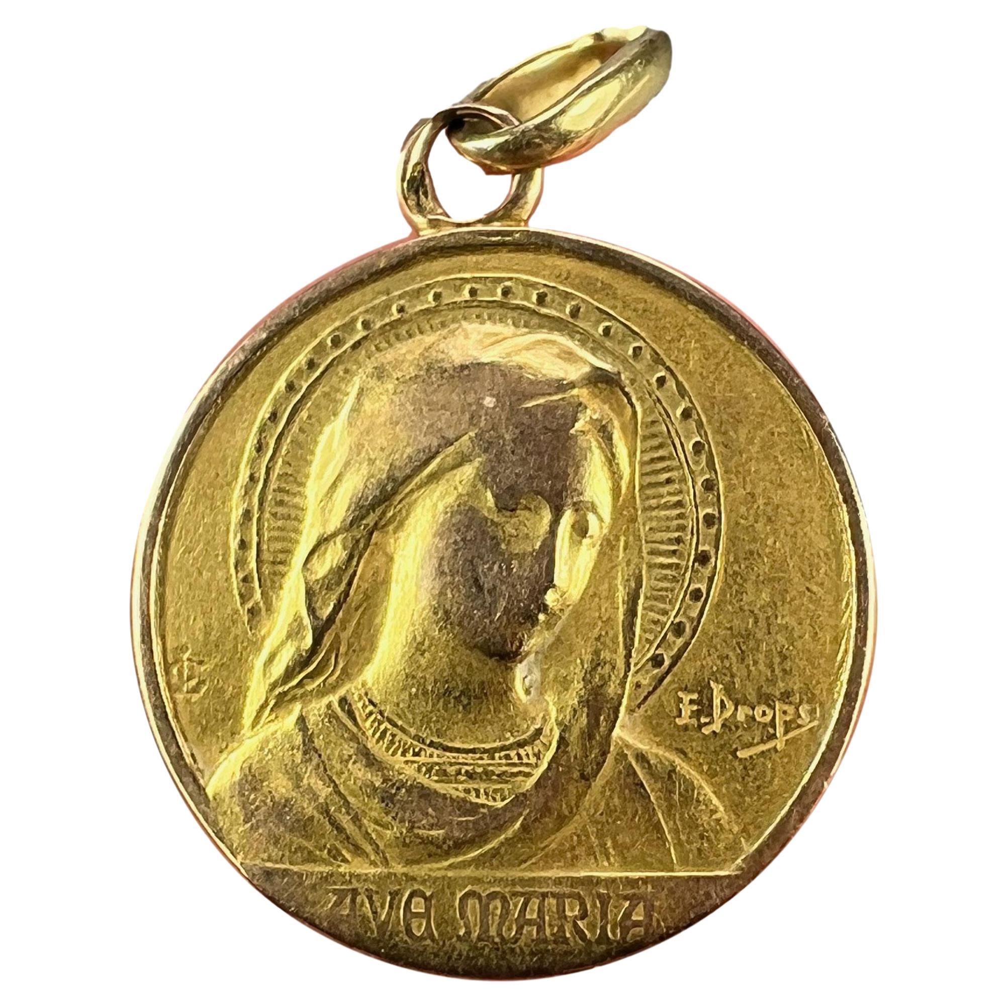 French Dropsy Virgin Mary Ave Maria 18K Yellow Gold Charm Pendant