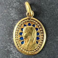 French Dropsy Virgin Mary Blue Enamel 18K Yellow Gold Religious Pendant Medal