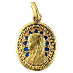French Dropsy Virgin Mary Blue Enamel 18K Yellow Gold Religious Pendant Medal