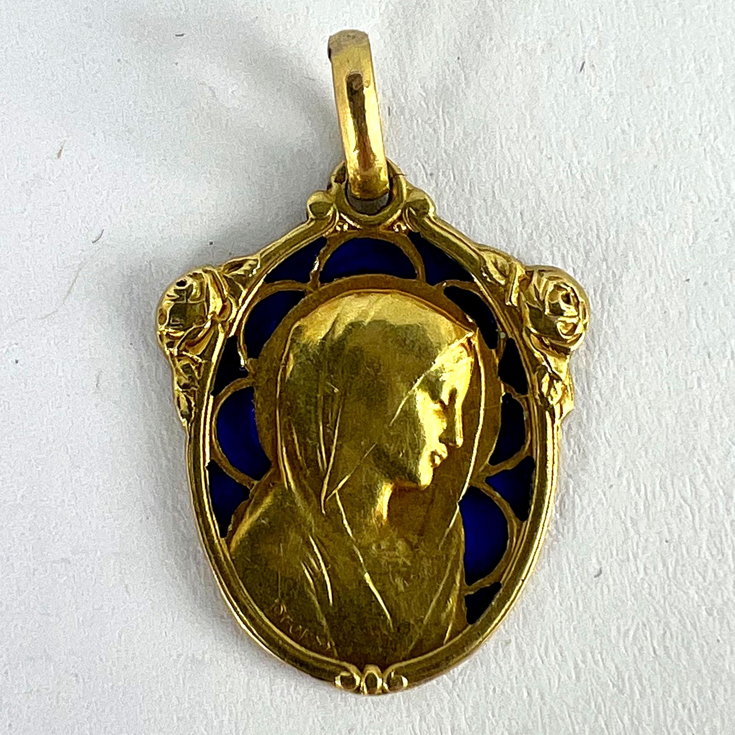 French Dropsy Virgin Mary Plique A Jour Enamel 18K Yellow Gold Charm Pendant 9