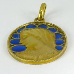 French Dropsy Virgin Mary Plique a Jour Enamel 18K Yellow Gold Charm Pendant