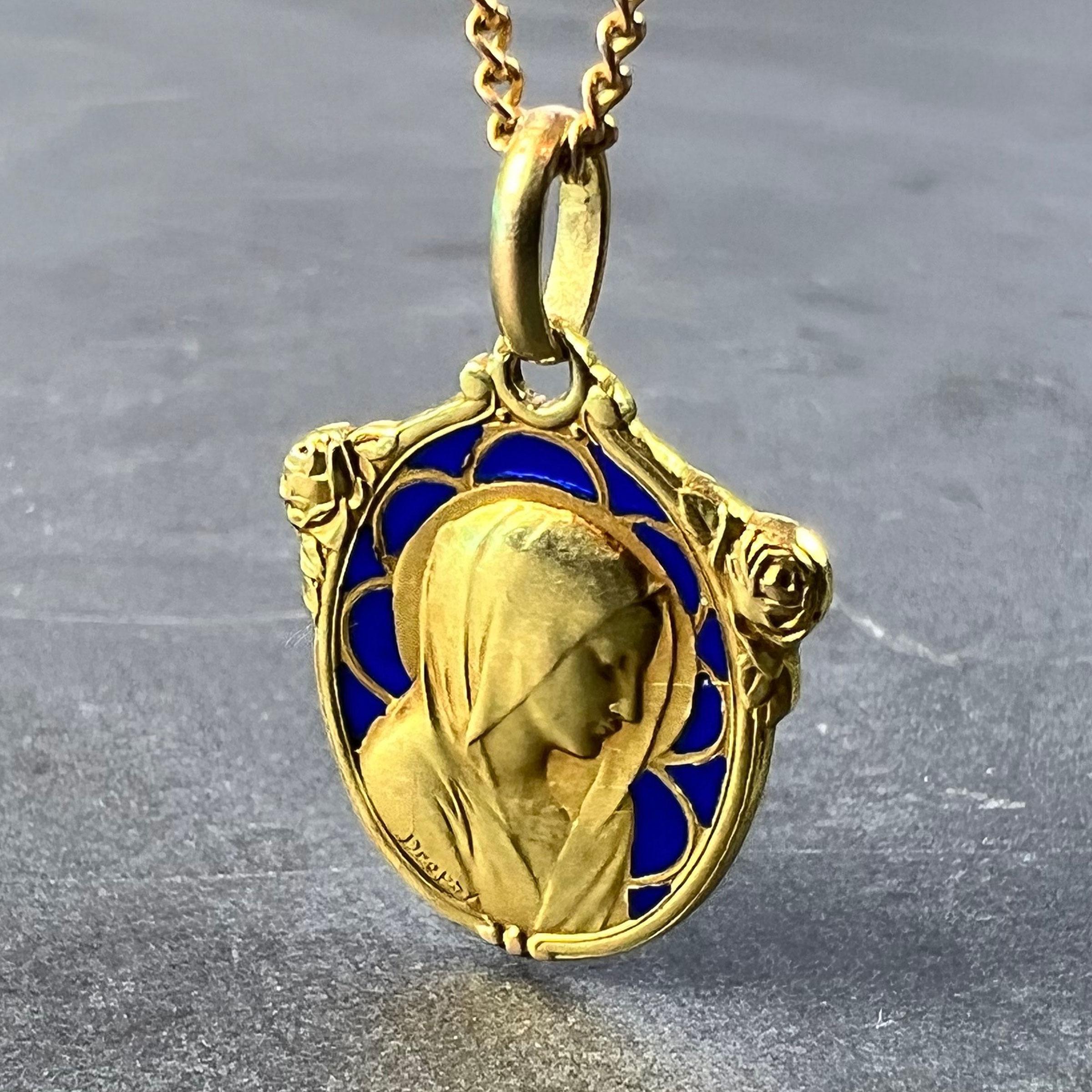 French Dropsy Virgin Mary Plique A Jour Enamel 18K Yellow Gold Charm Pendant 1