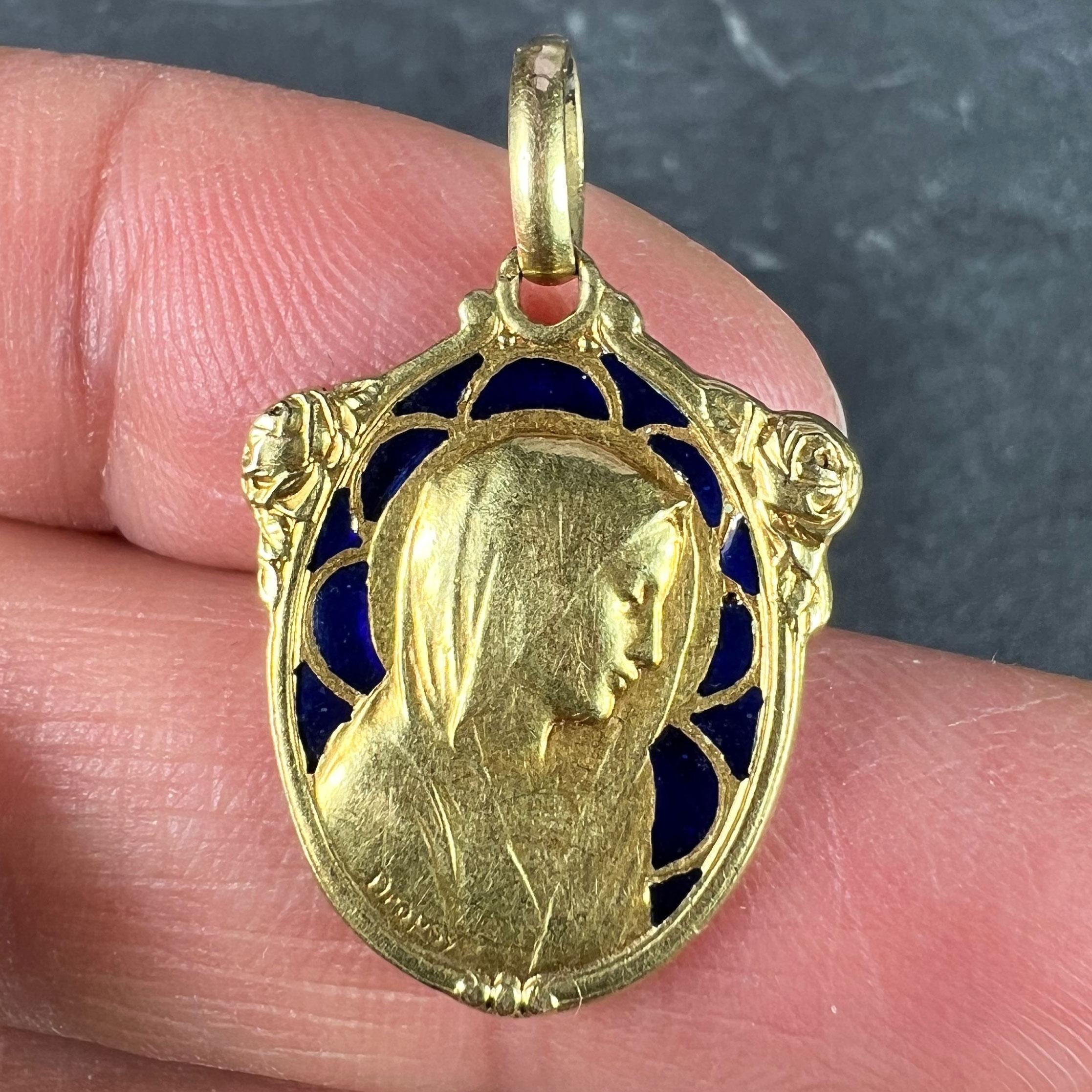 French Dropsy Virgin Mary Plique A Jour Enamel 18K Yellow Gold Charm Pendant 3