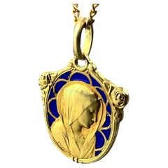French Dropsy Virgin Mary Plique A Jour Enamel 18K Yellow Gold Charm Pendant