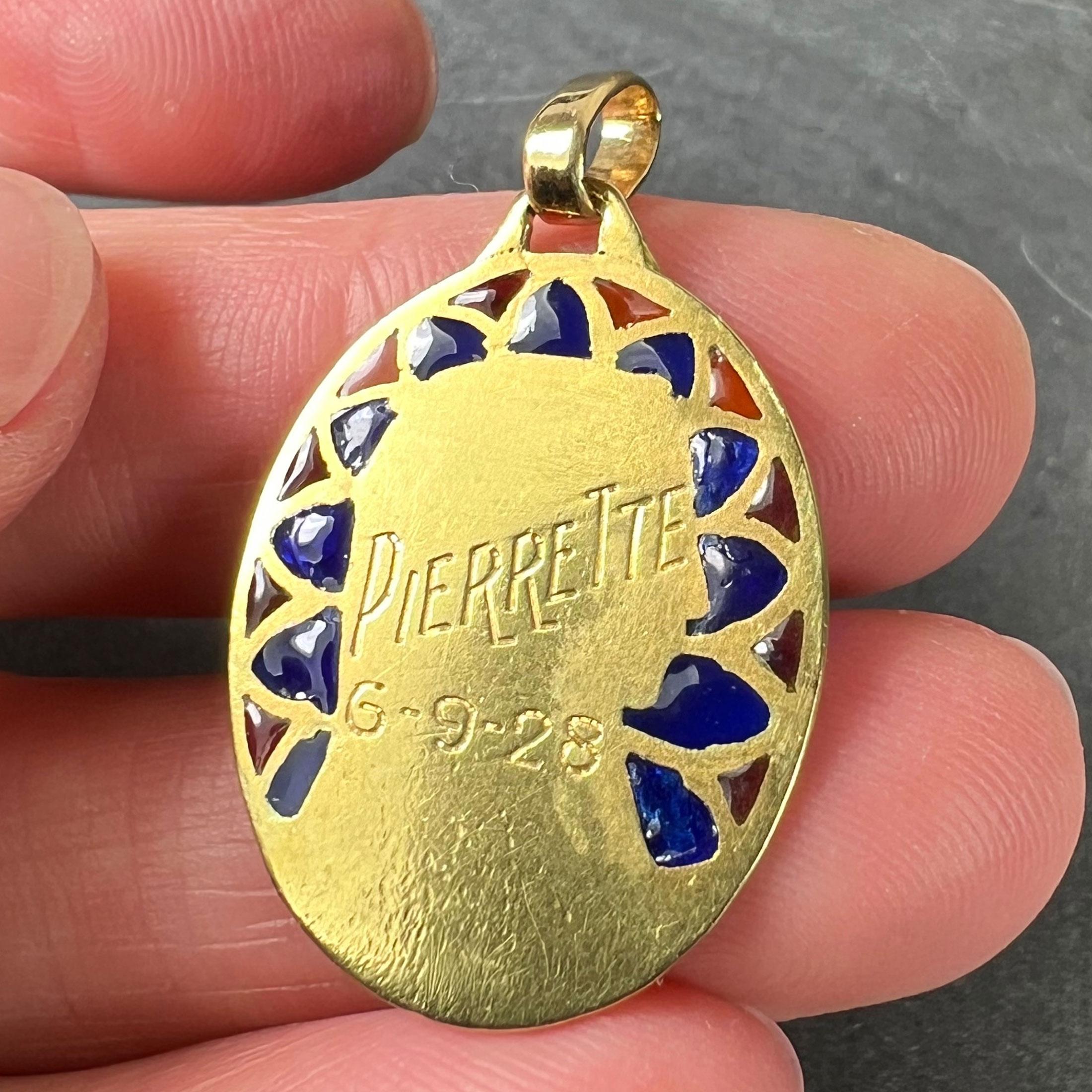 French Dropsy Virgin Mary Plique A Jour Enamel 18K Yellow Gold Pendant Medal For Sale 7