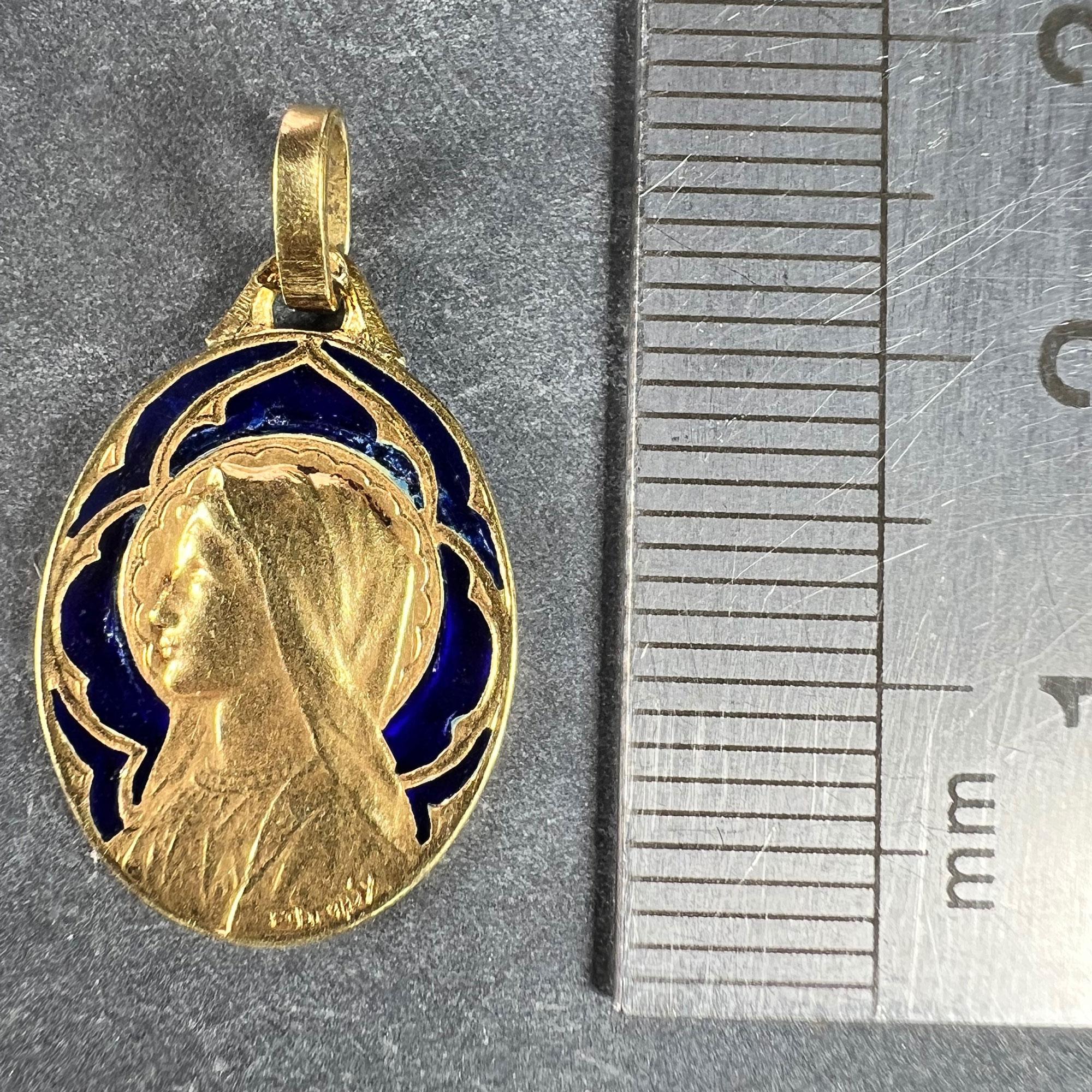 French Dropsy Virgin Mary Plique A Jour Enamel 18K Yellow Gold Pendant Medal For Sale 8