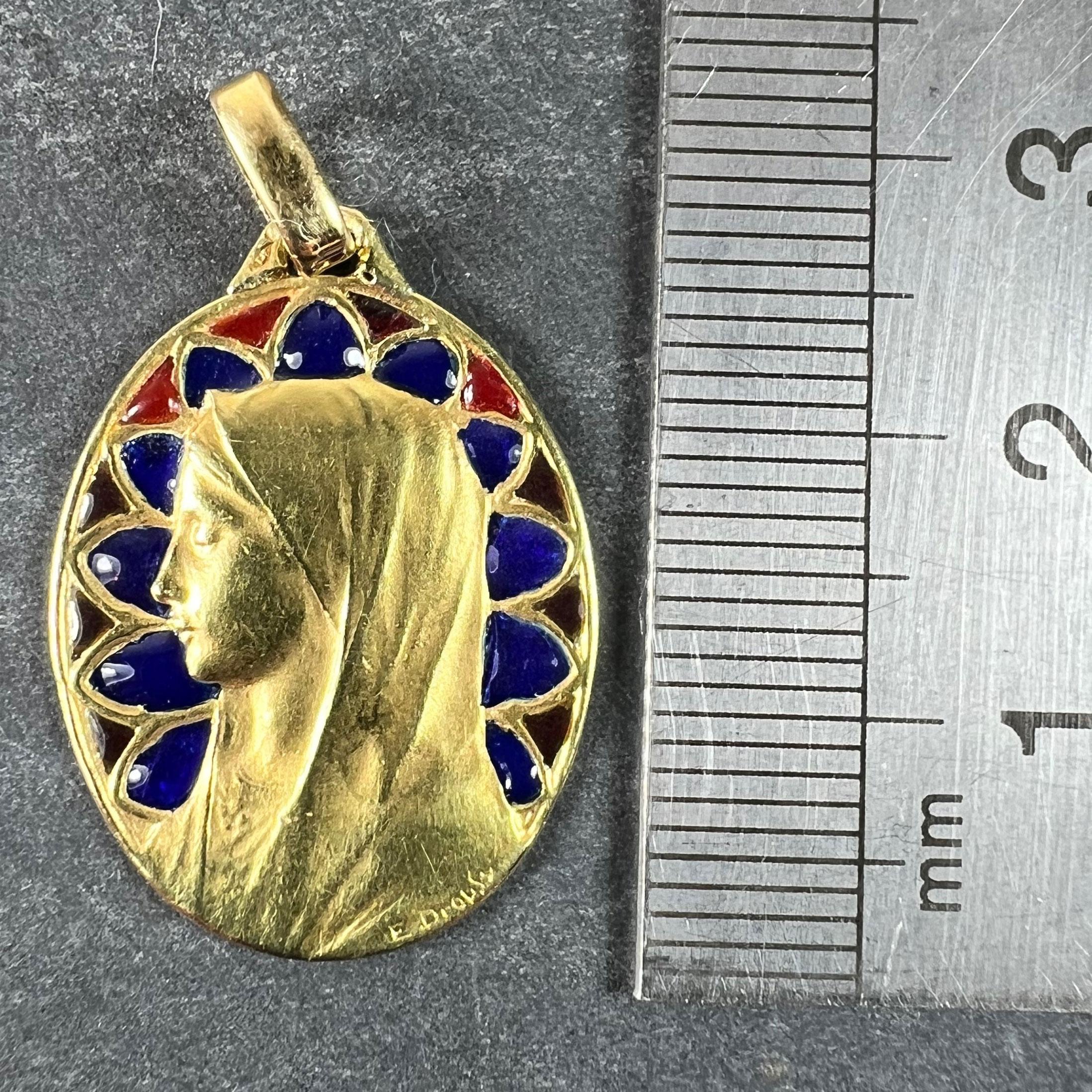 French Dropsy Virgin Mary Plique A Jour Enamel 18K Yellow Gold Pendant Medal For Sale 9