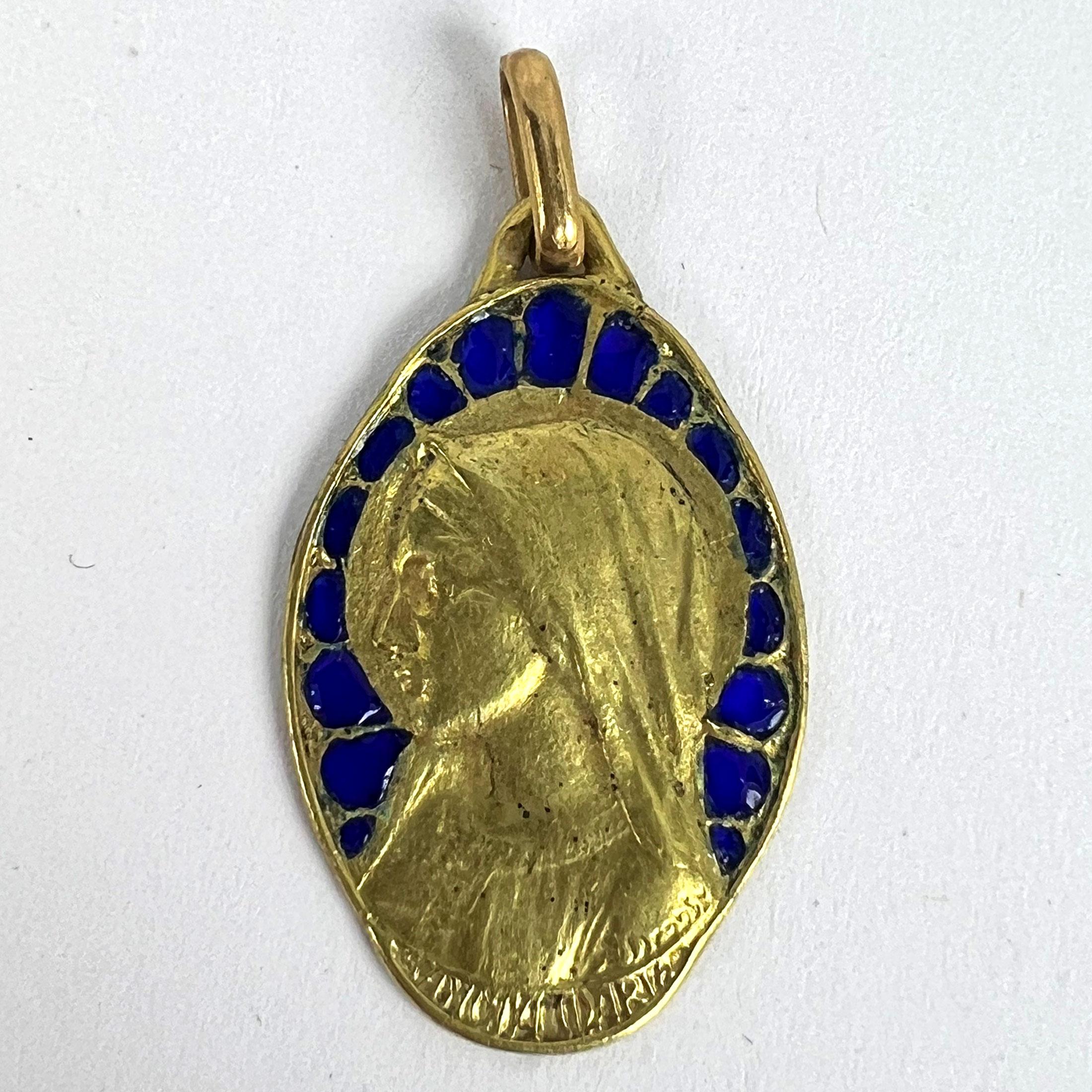 French Dropsy Virgin Mary Plique A Jour Enamel 18K Yellow Gold Pendant Medal For Sale 10