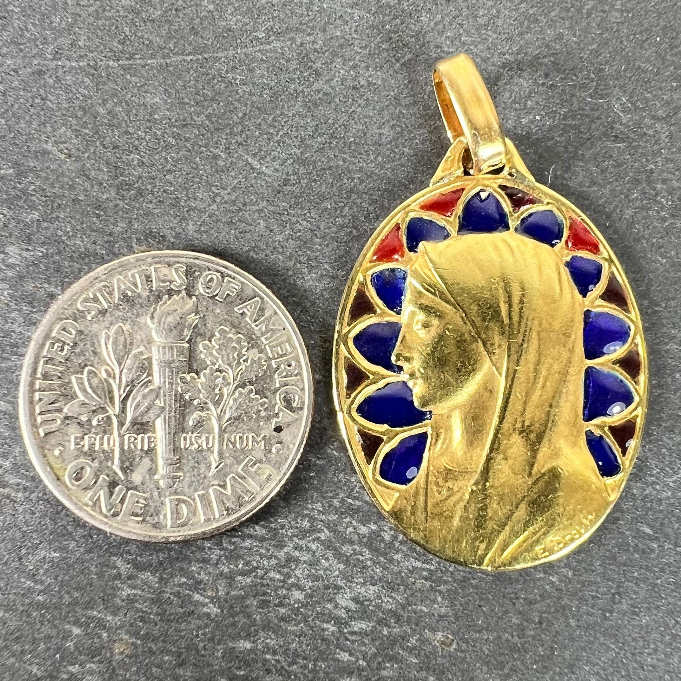 French Dropsy Virgin Mary Plique A Jour Enamel 18K Yellow Gold Pendant Medal For Sale 10