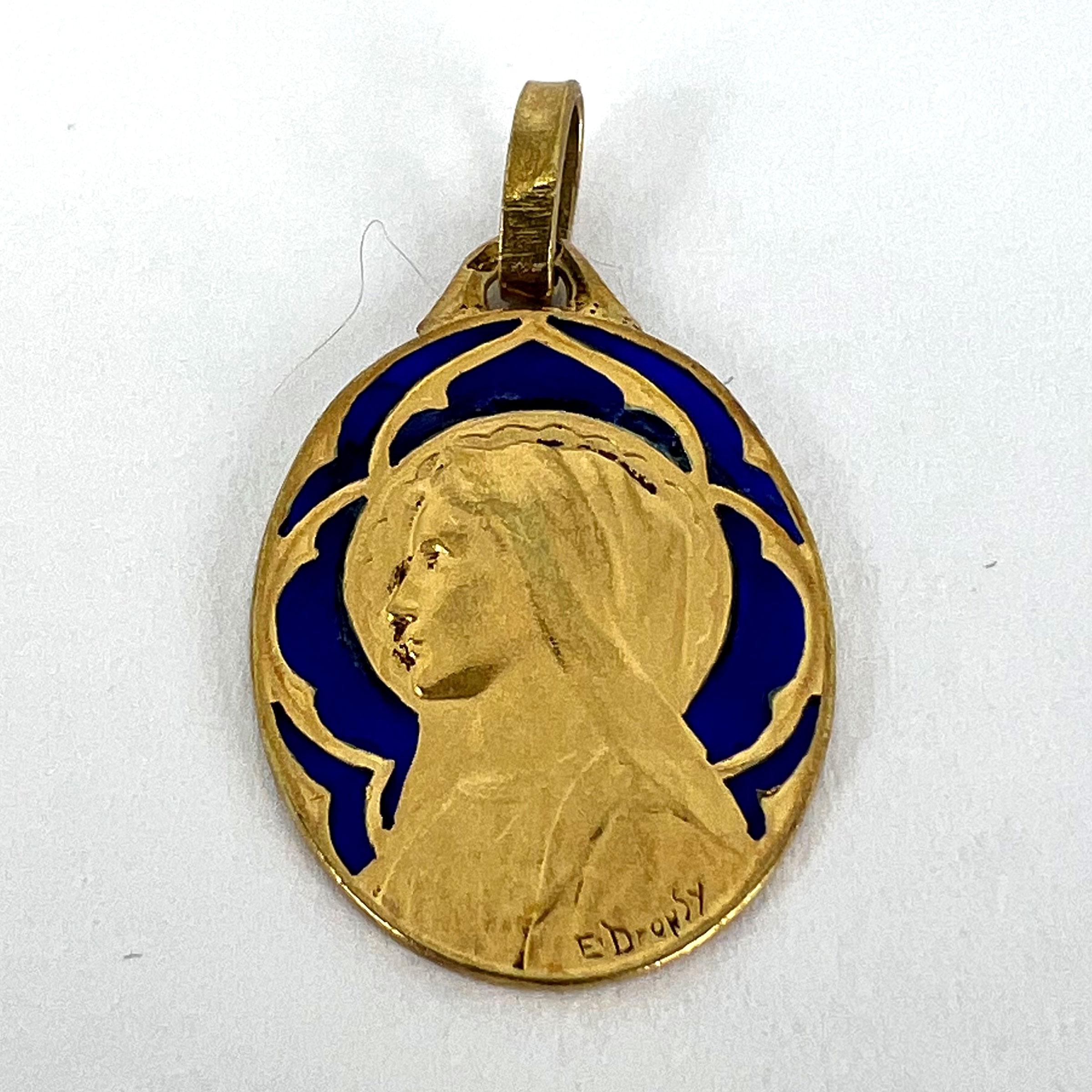 French Dropsy Virgin Mary Plique A Jour Enamel 18K Yellow Gold Pendant Medal For Sale 11
