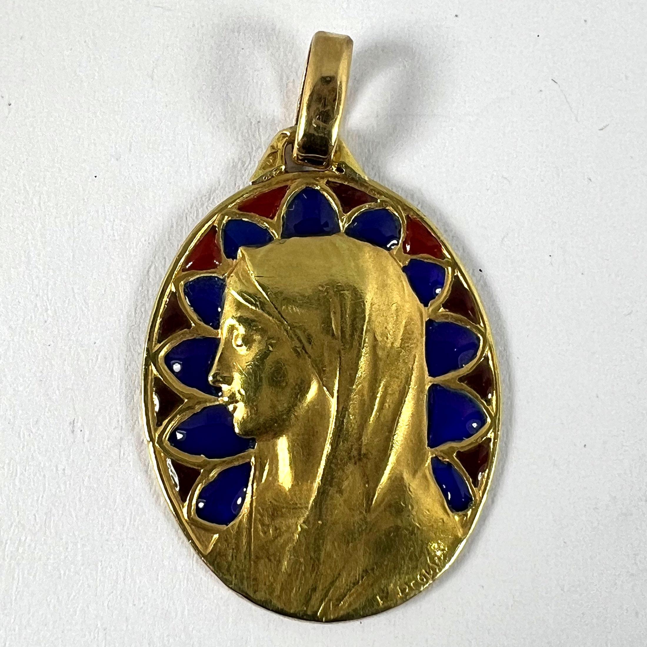 French Dropsy Virgin Mary Plique A Jour Enamel 18K Yellow Gold Pendant Medal For Sale 11