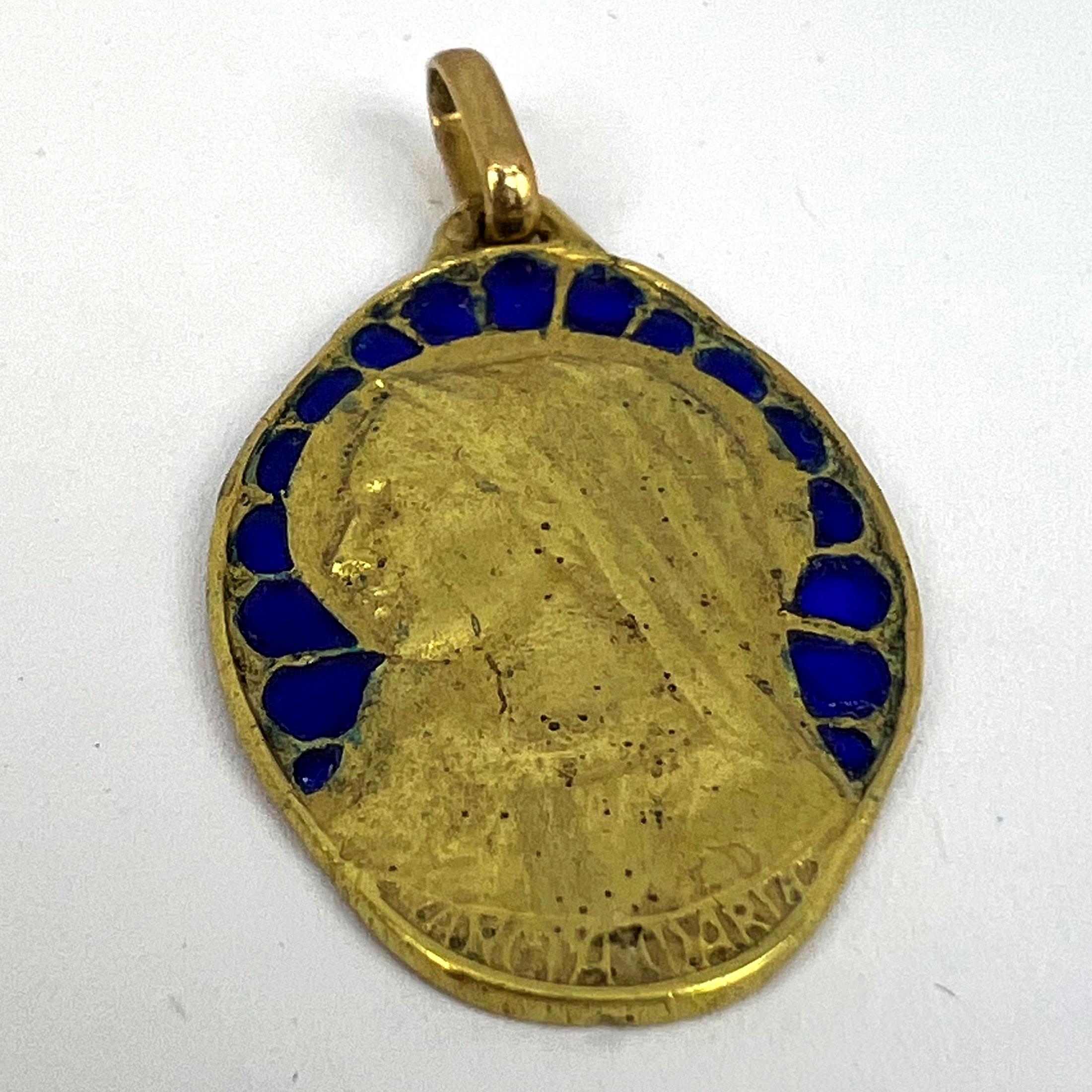 French Dropsy Virgin Mary Plique A Jour Enamel 18K Yellow Gold Pendant Medal For Sale 12