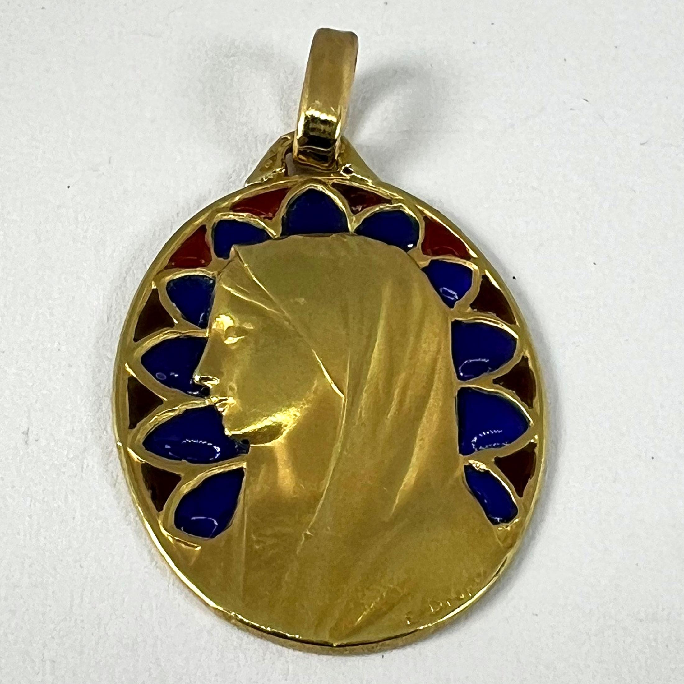 French Dropsy Virgin Mary Plique A Jour Enamel 18K Yellow Gold Pendant Medal For Sale 12