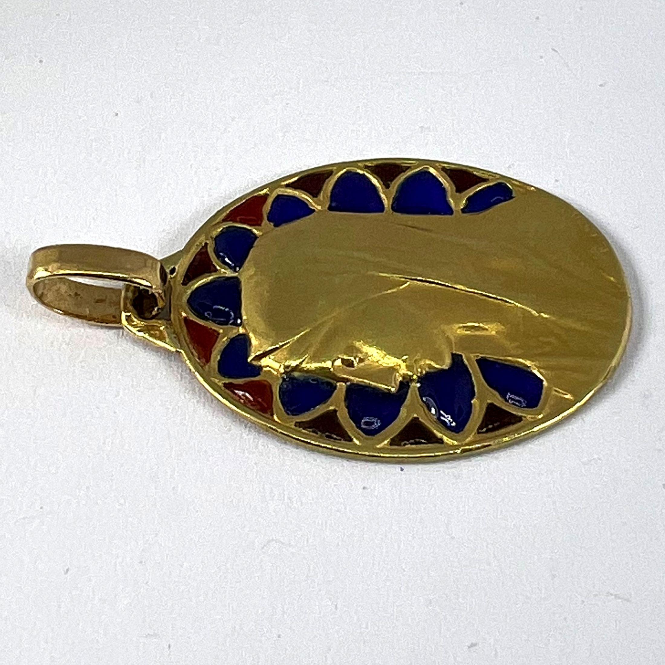 French Dropsy Virgin Mary Plique A Jour Enamel 18K Yellow Gold Pendant Medal For Sale 14