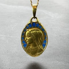 French Dropsy Virgin Mary Plique A Jour Enamel 18K Yellow Gold Pendant Medal