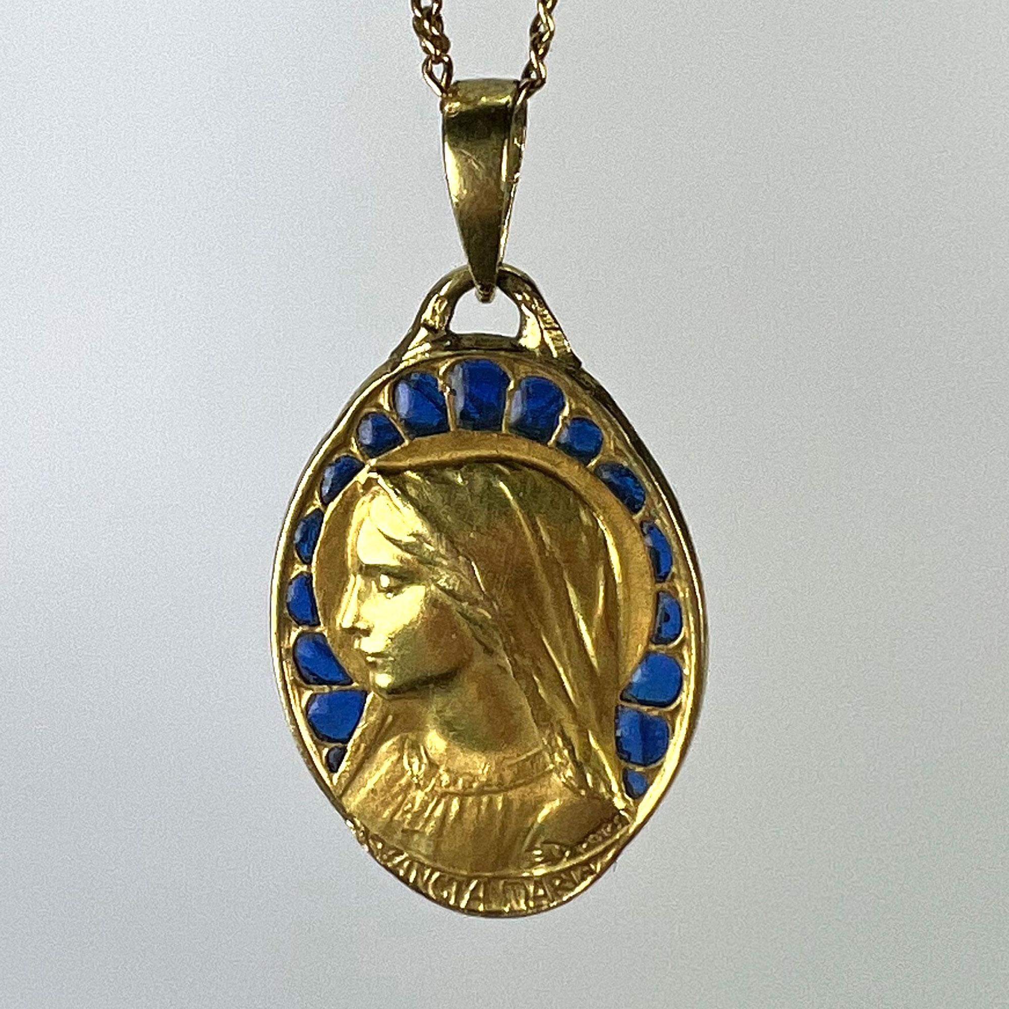 Französische Tropfenförmige Jungfrau Maria Plique A Jour Emaille 18K Gelbgold Anhänger Medaille im Zustand „Gut“ im Angebot in London, GB