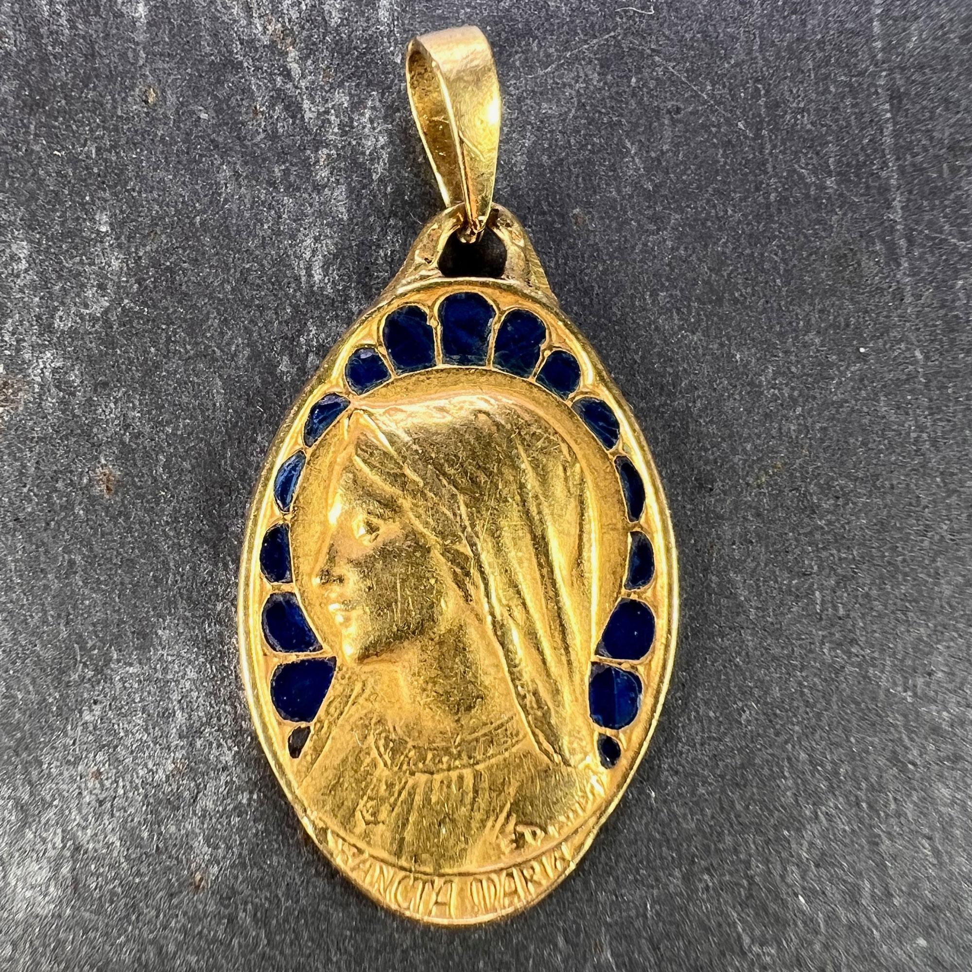 Women's French Dropsy Virgin Mary Plique A Jour Enamel 18K Yellow Gold Pendant Medal For Sale