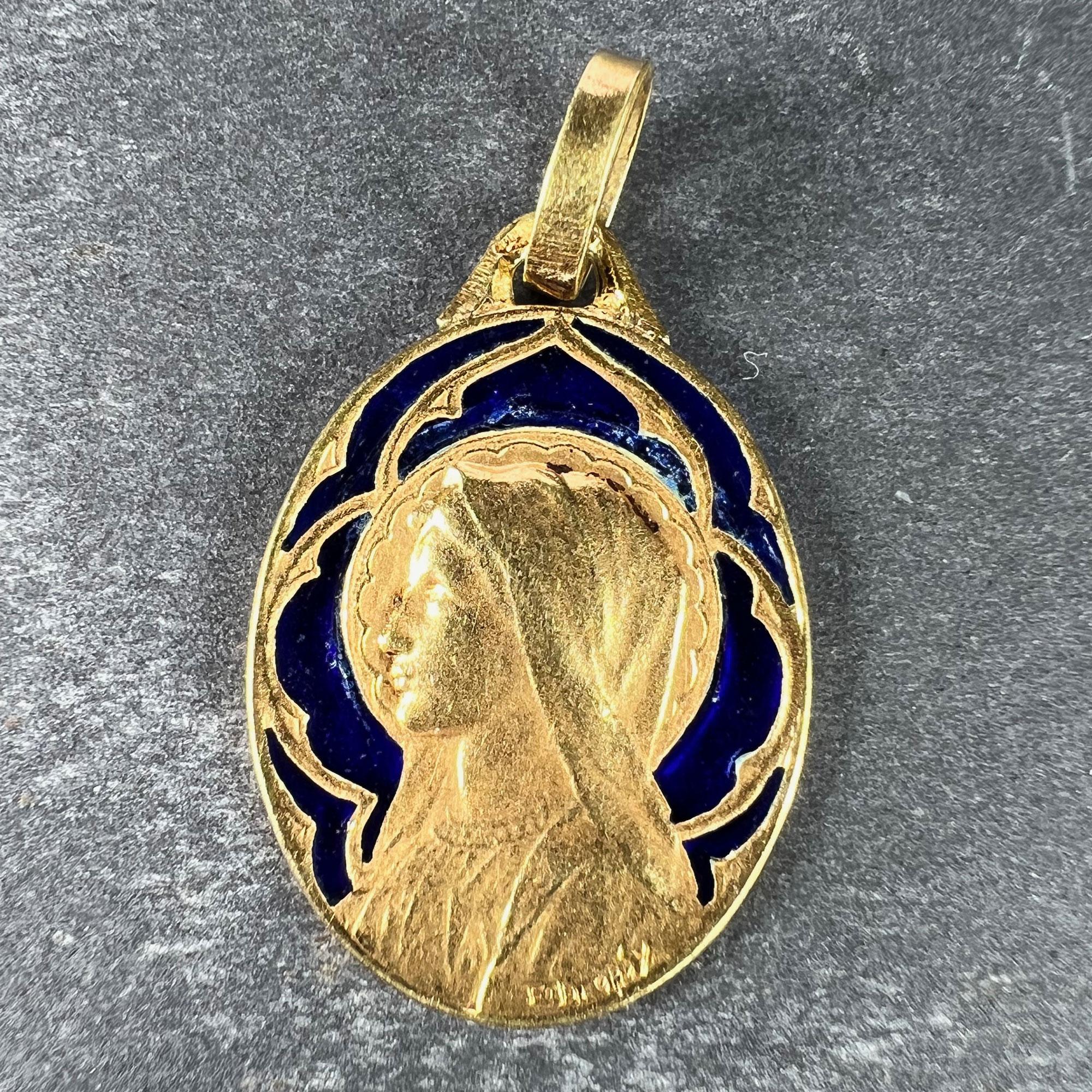Women's French Dropsy Virgin Mary Plique A Jour Enamel 18K Yellow Gold Pendant Medal For Sale