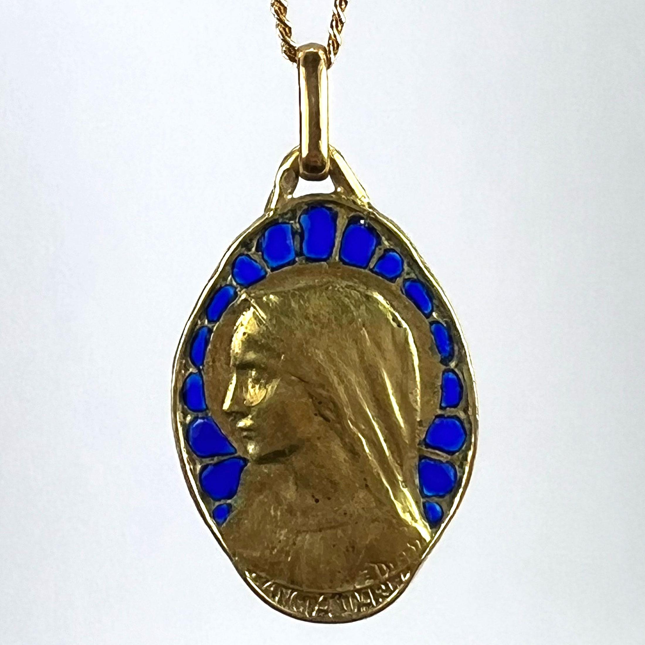 Women's or Men's French Dropsy Virgin Mary Plique A Jour Enamel 18K Yellow Gold Pendant Medal For Sale