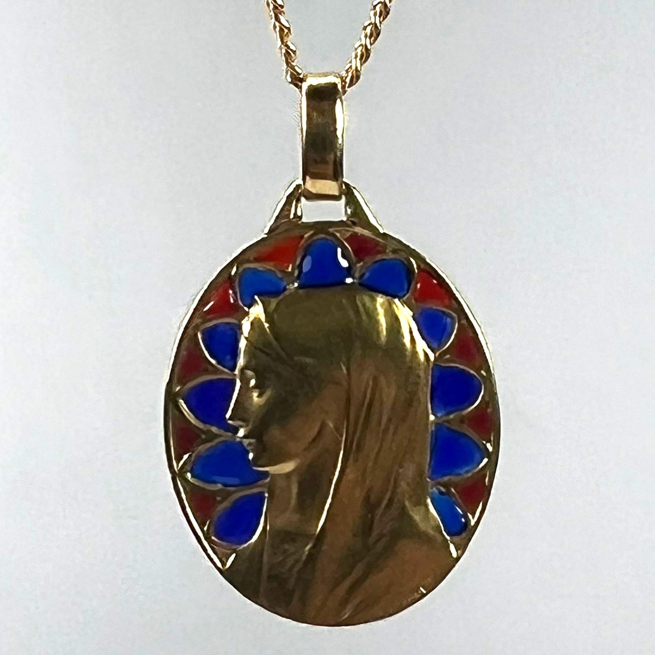 Women's French Dropsy Virgin Mary Plique A Jour Enamel 18K Yellow Gold Pendant Medal For Sale