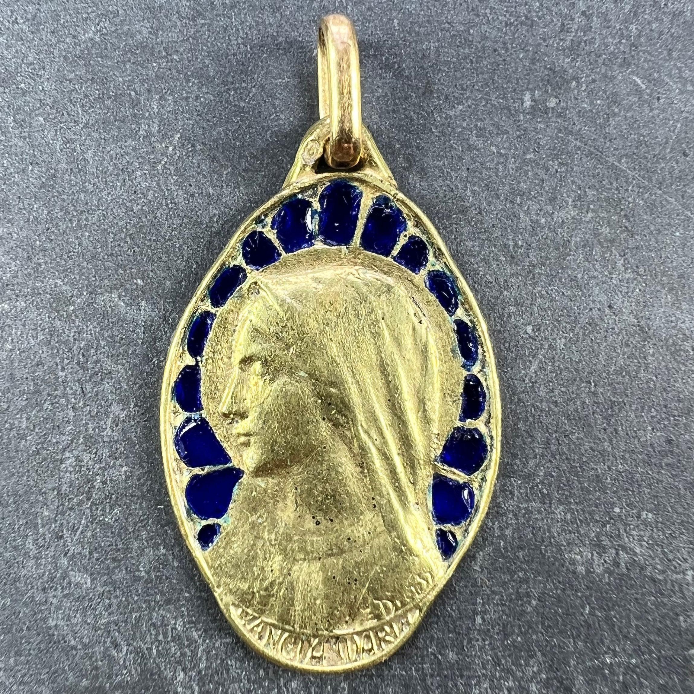 French Dropsy Virgin Mary Plique A Jour Enamel 18K Yellow Gold Pendant Medal For Sale 1