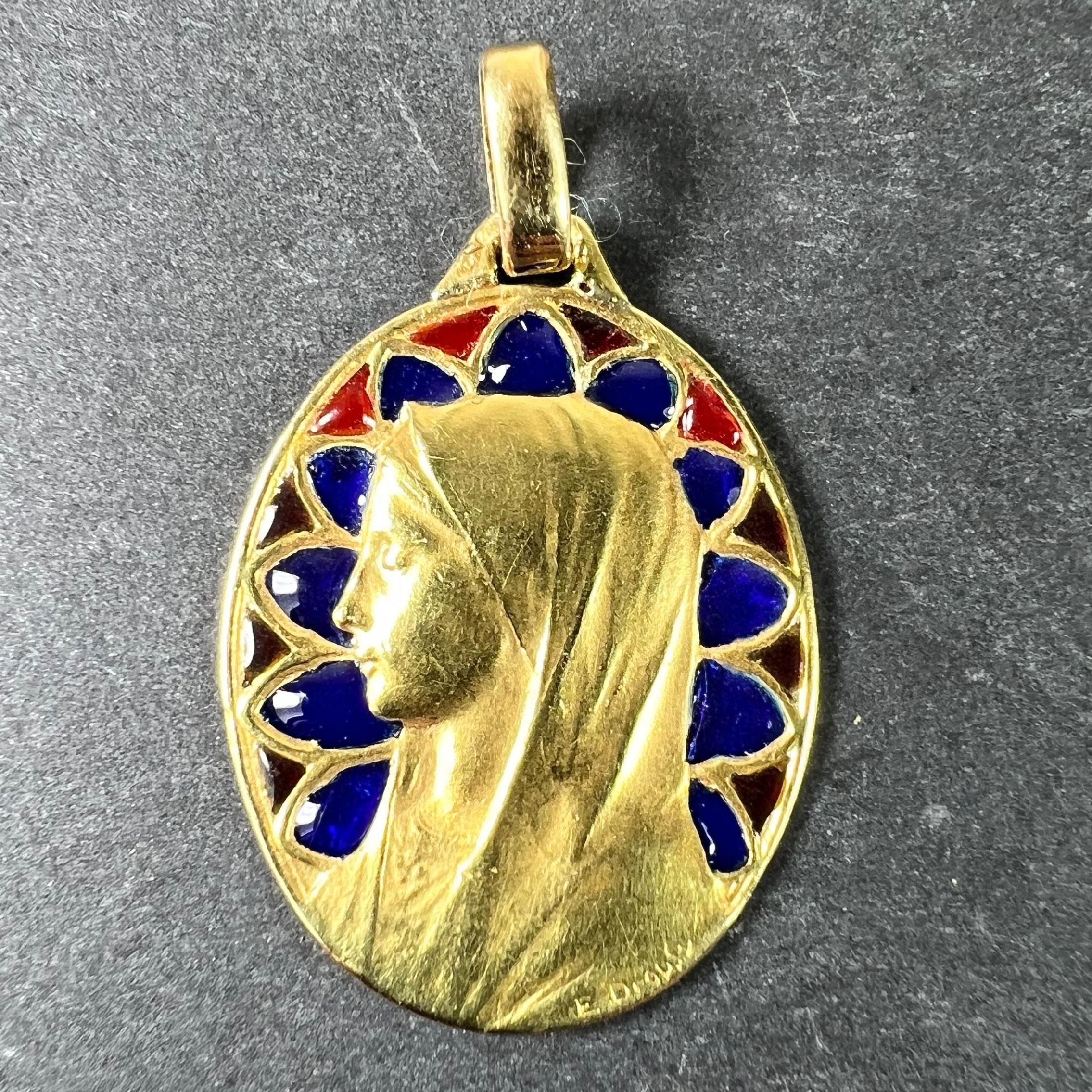 French Dropsy Virgin Mary Plique A Jour Enamel 18K Yellow Gold Pendant Medal For Sale 1