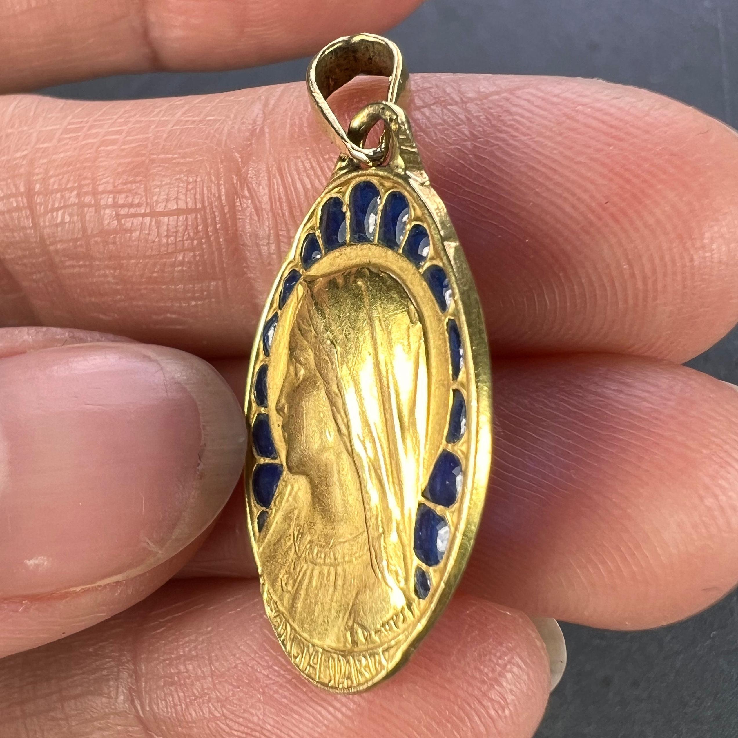 French Dropsy Virgin Mary Plique A Jour Enamel 18K Yellow Gold Pendant Medal For Sale 4