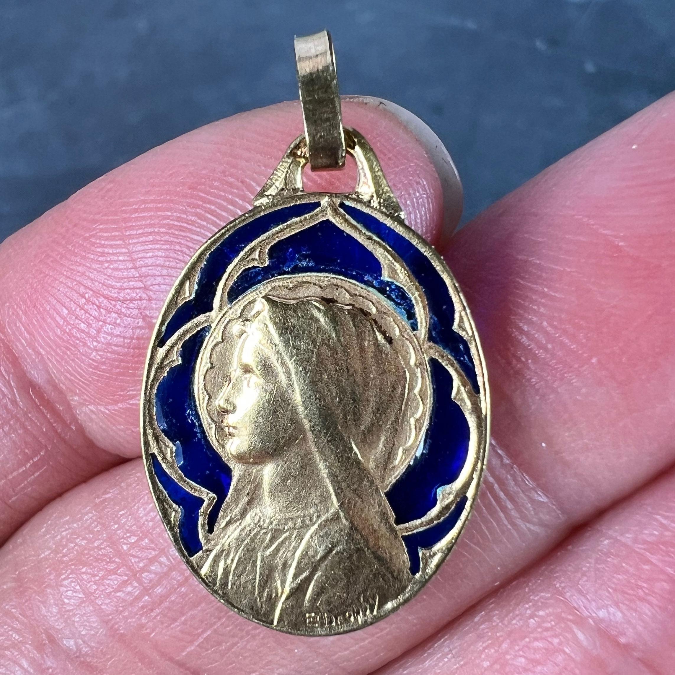 French Dropsy Virgin Mary Plique A Jour Enamel 18K Yellow Gold Pendant Medal For Sale 4