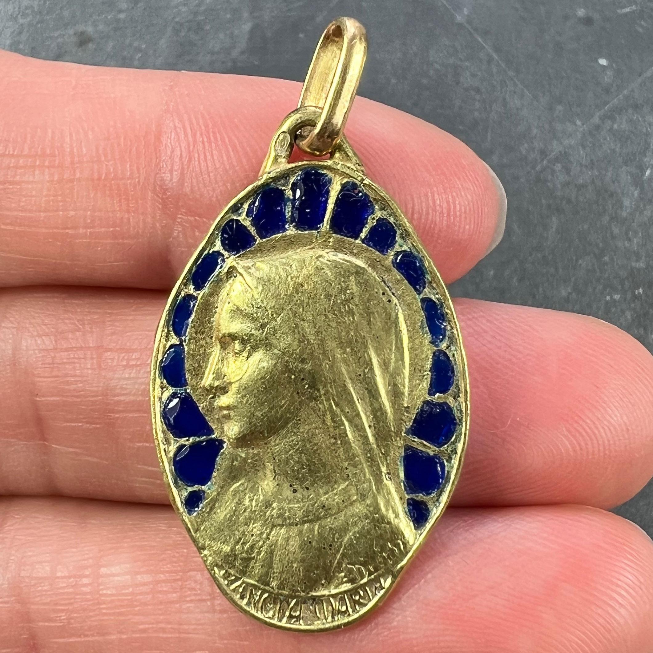 French Dropsy Virgin Mary Plique A Jour Enamel 18K Yellow Gold Pendant Medal For Sale 4