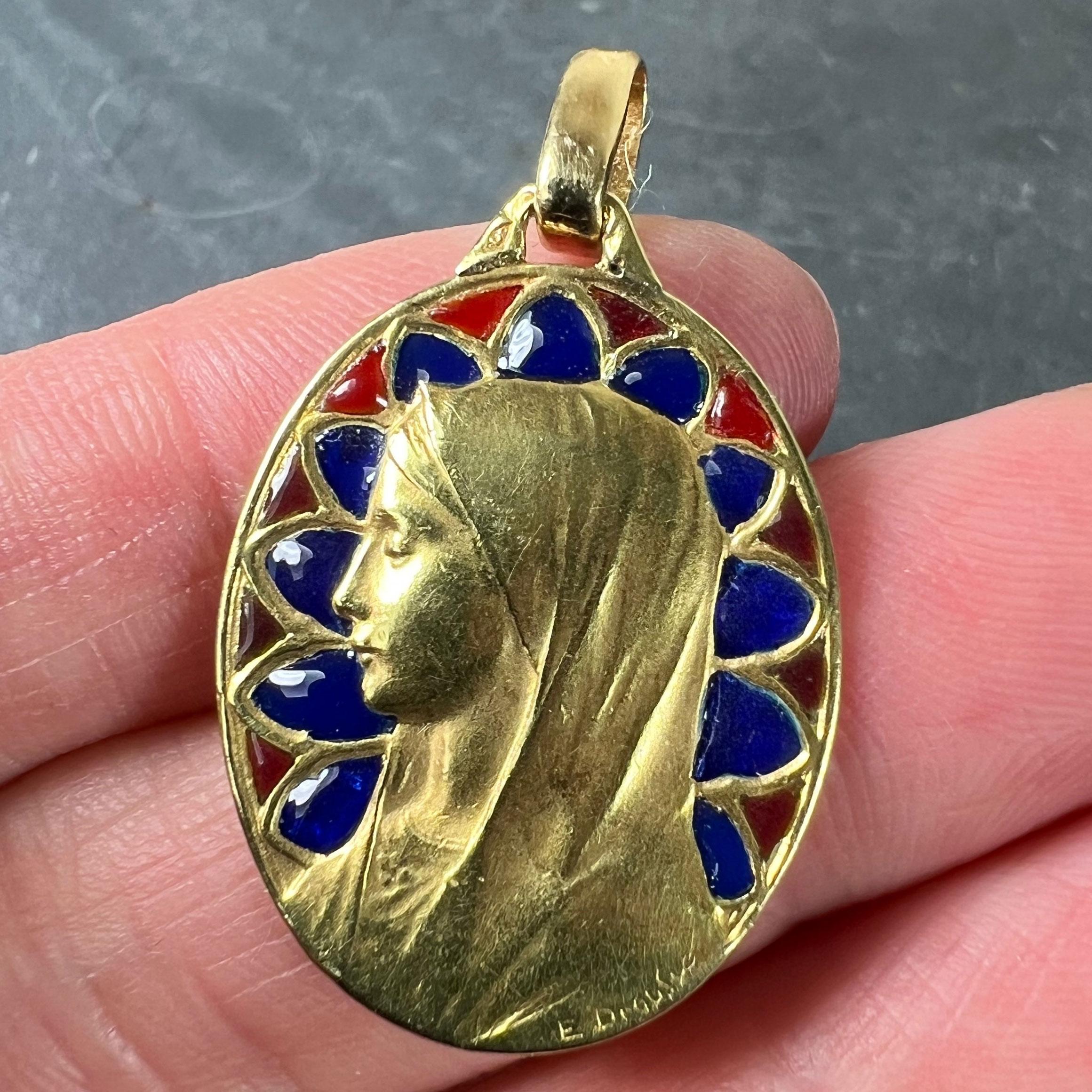 French Dropsy Virgin Mary Plique A Jour Enamel 18K Yellow Gold Pendant Medal For Sale 4