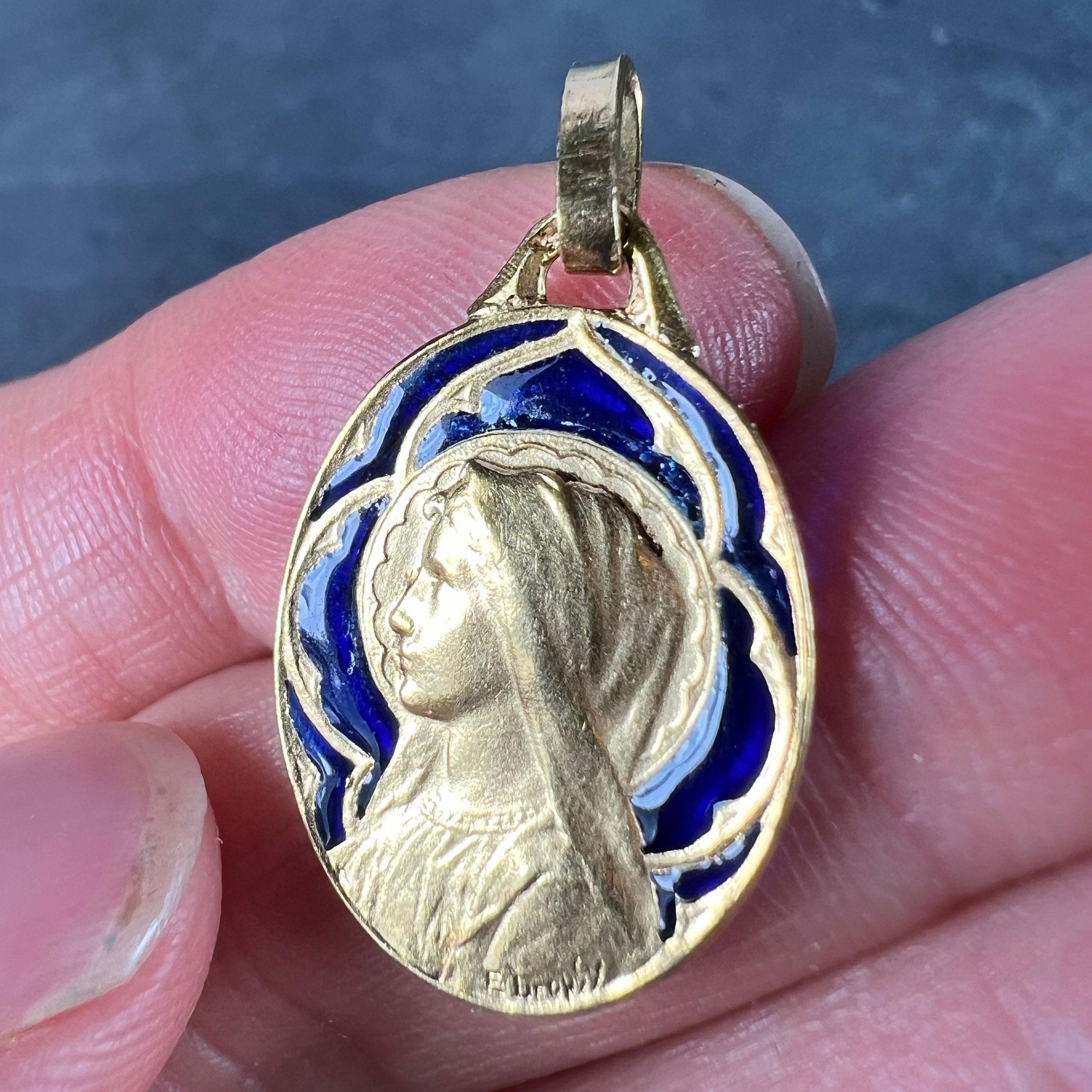 French Dropsy Virgin Mary Plique A Jour Enamel 18K Yellow Gold Pendant Medal For Sale 5