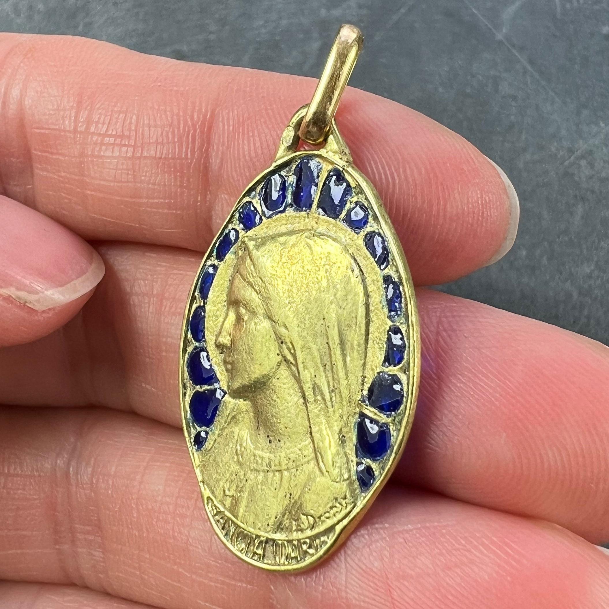 French Dropsy Virgin Mary Plique A Jour Enamel 18K Yellow Gold Pendant Medal For Sale 5