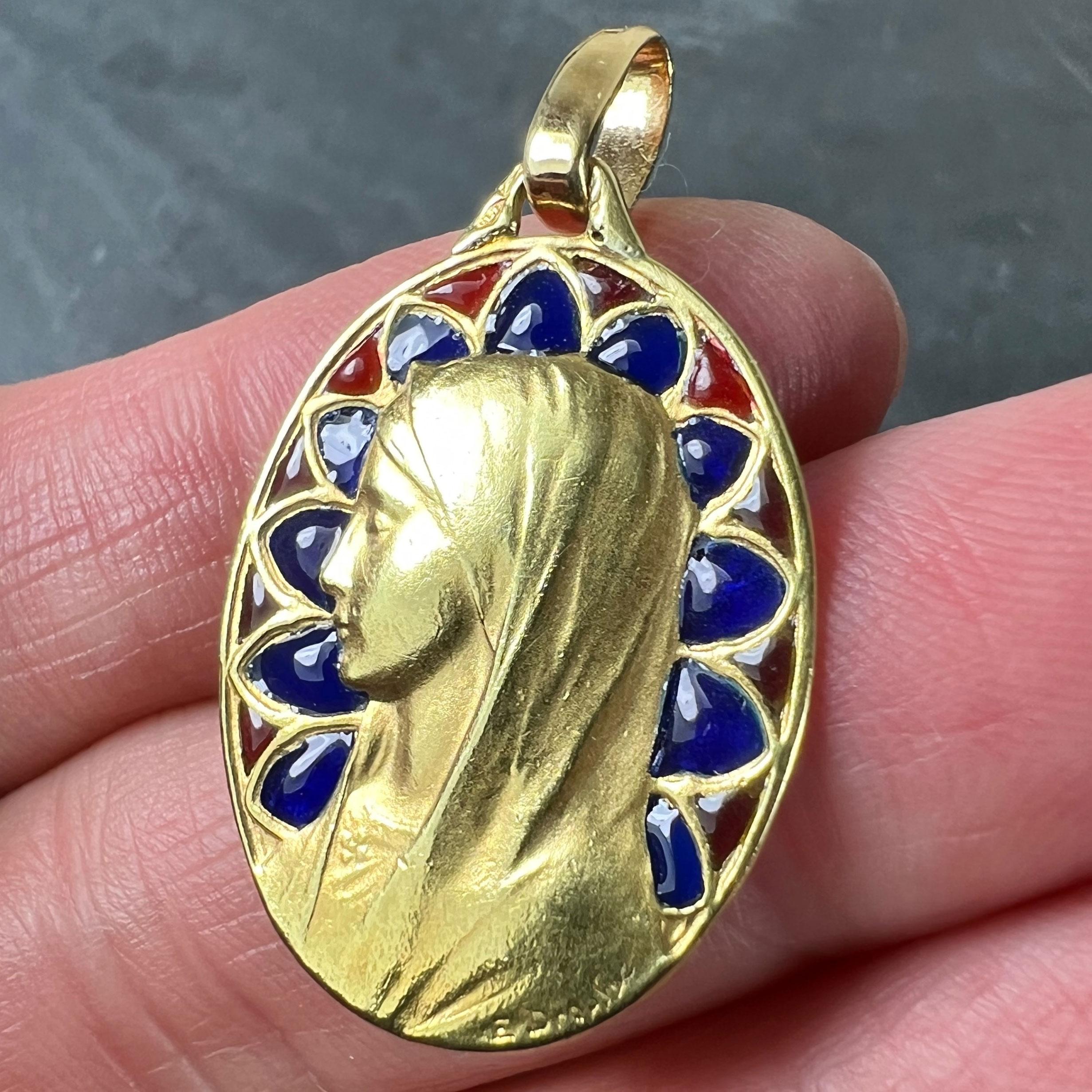 French Dropsy Virgin Mary Plique A Jour Enamel 18K Yellow Gold Pendant Medal For Sale 5