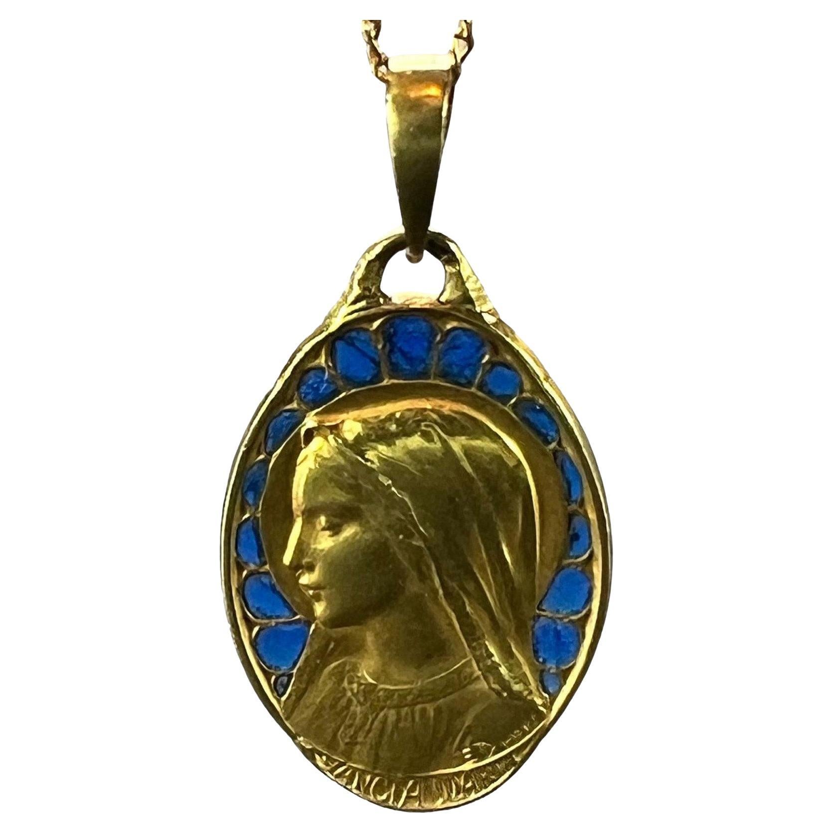 French Dropsy Virgin Mary Plique A Jour Enamel 18K Yellow Gold Pendant Medal For Sale