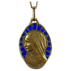 French Dropsy Virgin Mary Plique A Jour Enamel 18K Yellow Gold Pendant Medal