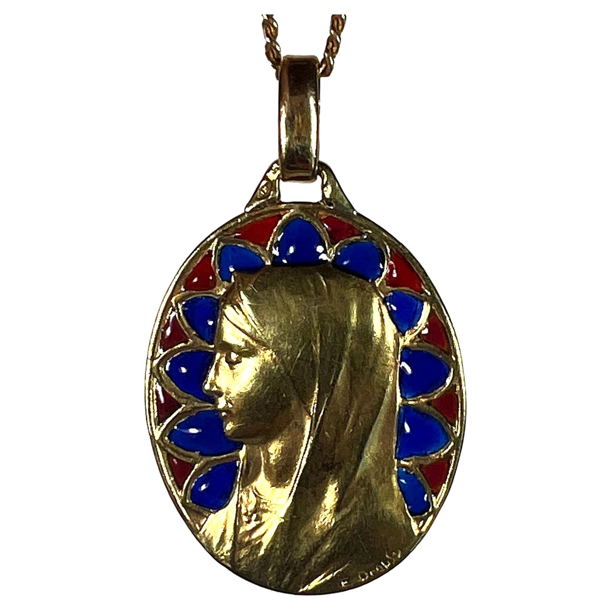 French Dropsy Virgin Mary Plique A Jour Enamel 18K Yellow Gold Pendant Medal