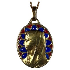 French Dropsy Virgin Mary Plique A Jour Enamel 18K Yellow Gold Pendant Medal