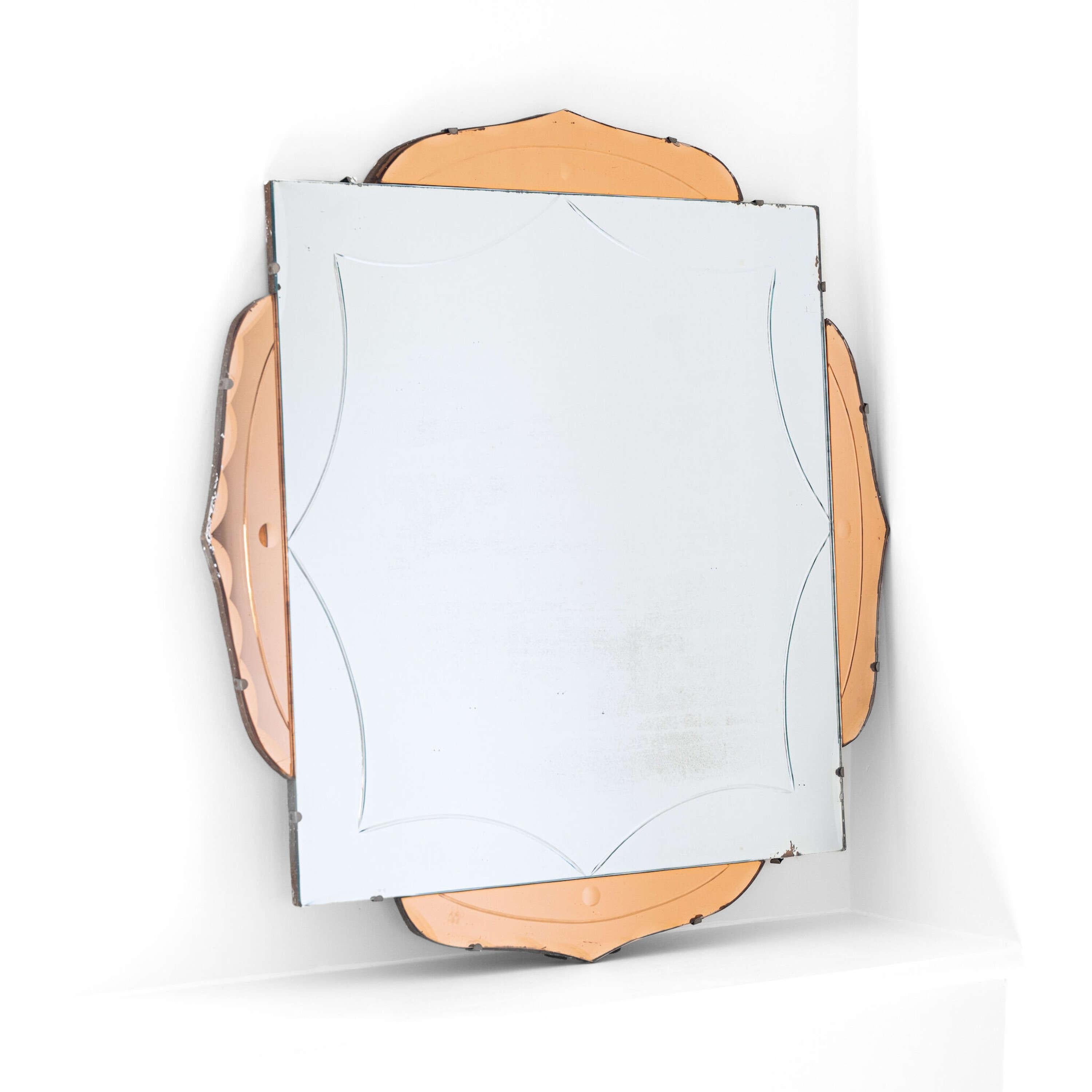 French Mirror with clear and coloured glass.
Bevel and cut glass detailing.

France, circa 1960.

Height - 76cm
Width - 76cm
Depth - 2cm
.Please message if any further info or photos are required 
SHIPPING
The quotes shown are automated and supplied
