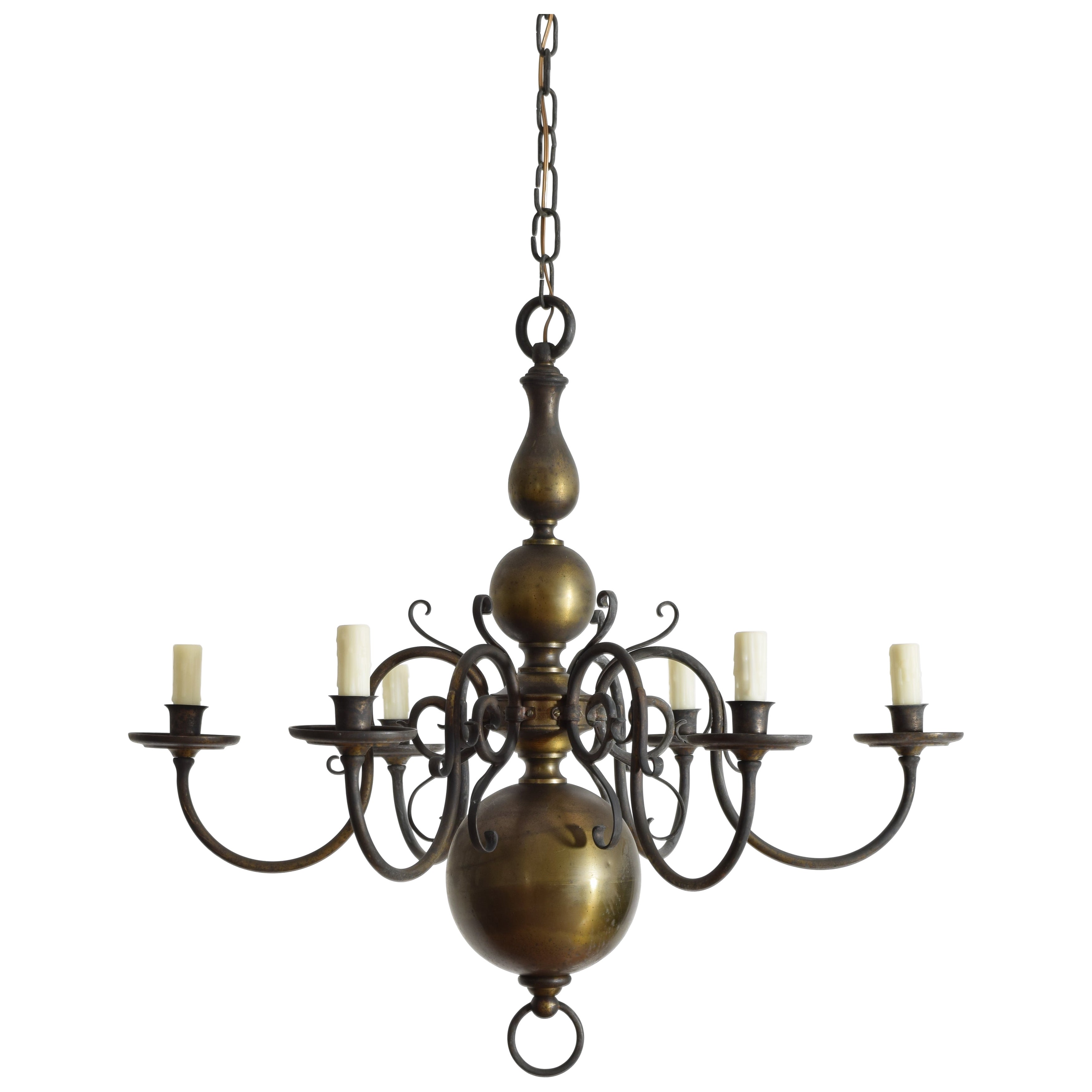 French Dutch Baroque Style Brass 6-Light Chandelier, circa 1800