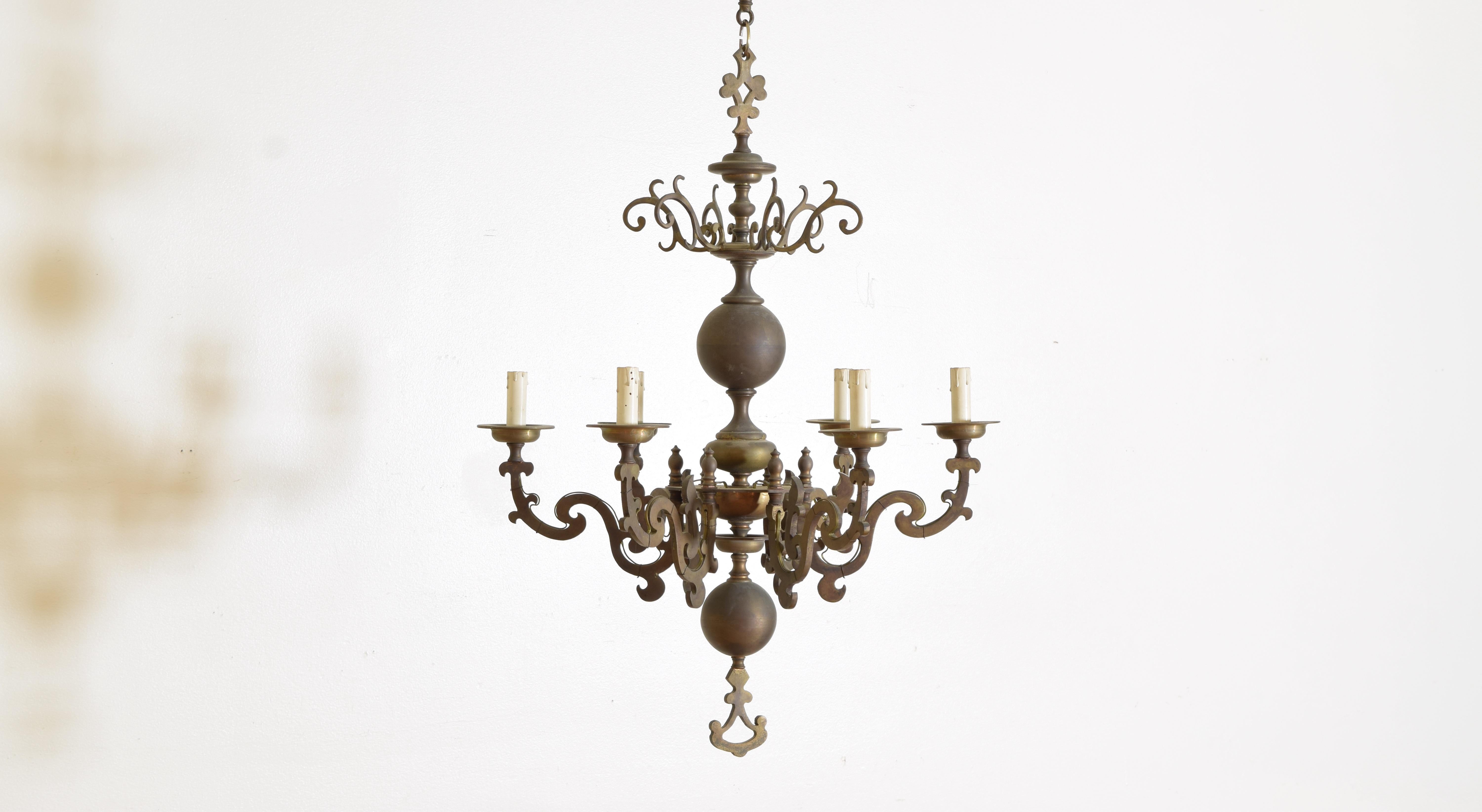 Baroque French Dutch Style Cast Brass 6 Light Chandelier, 1st half 19th century For Sale