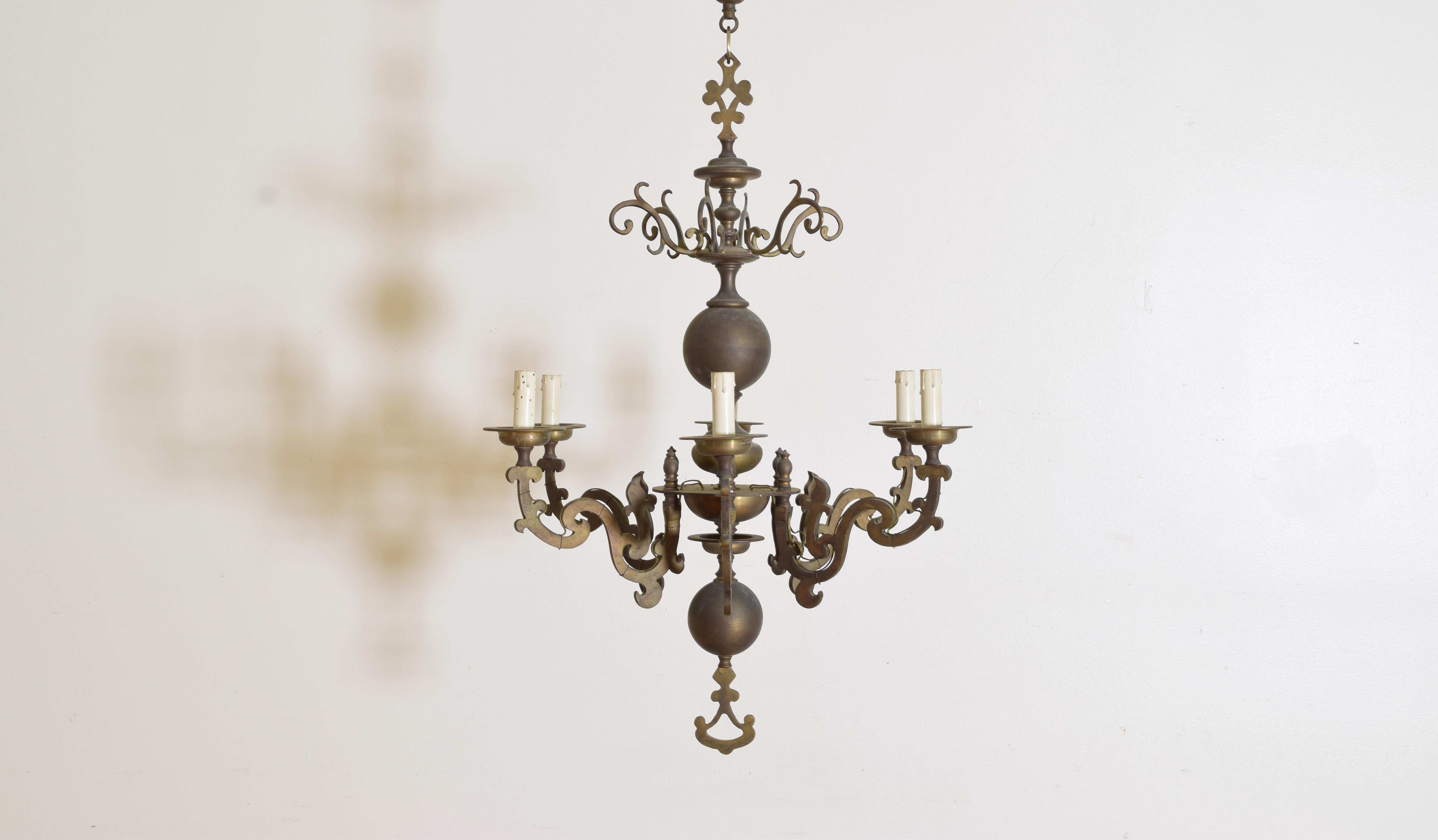 European French Dutch Style Cast Brass 6 Light Chandelier, 1st half 19th century For Sale