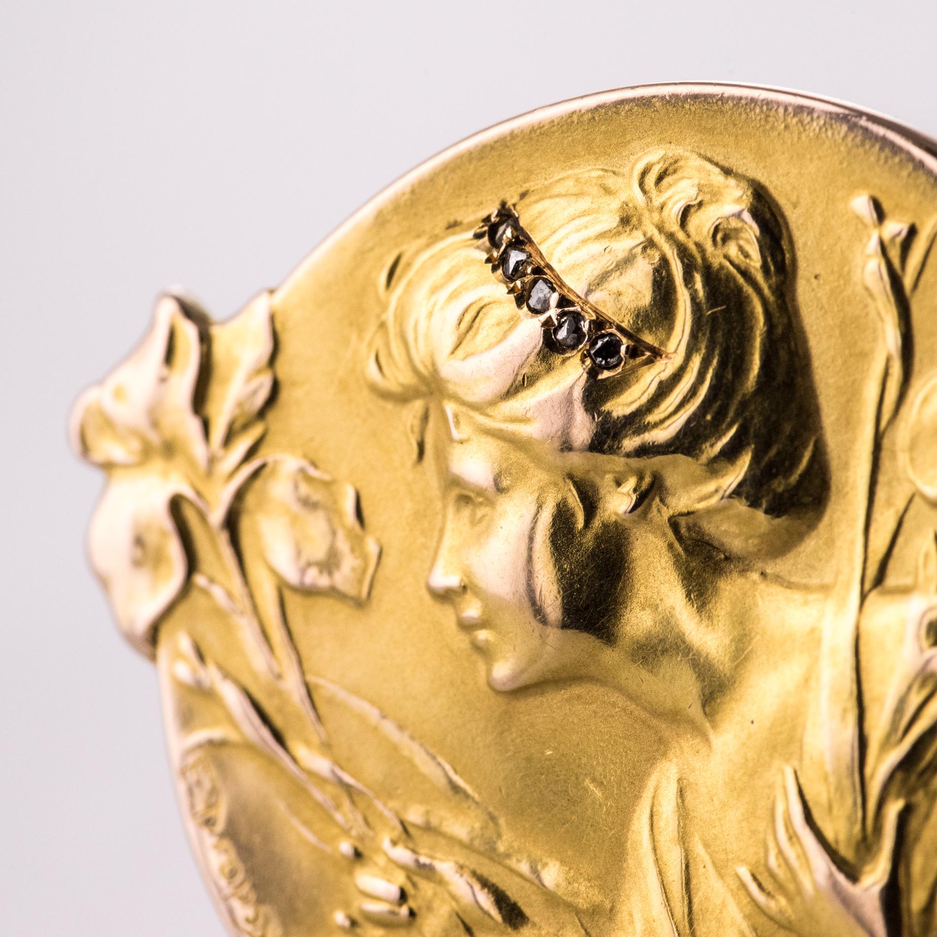 French E. Dropsy Art Nouveau Diamond 18 Karat Yellow Gold Brooch 2