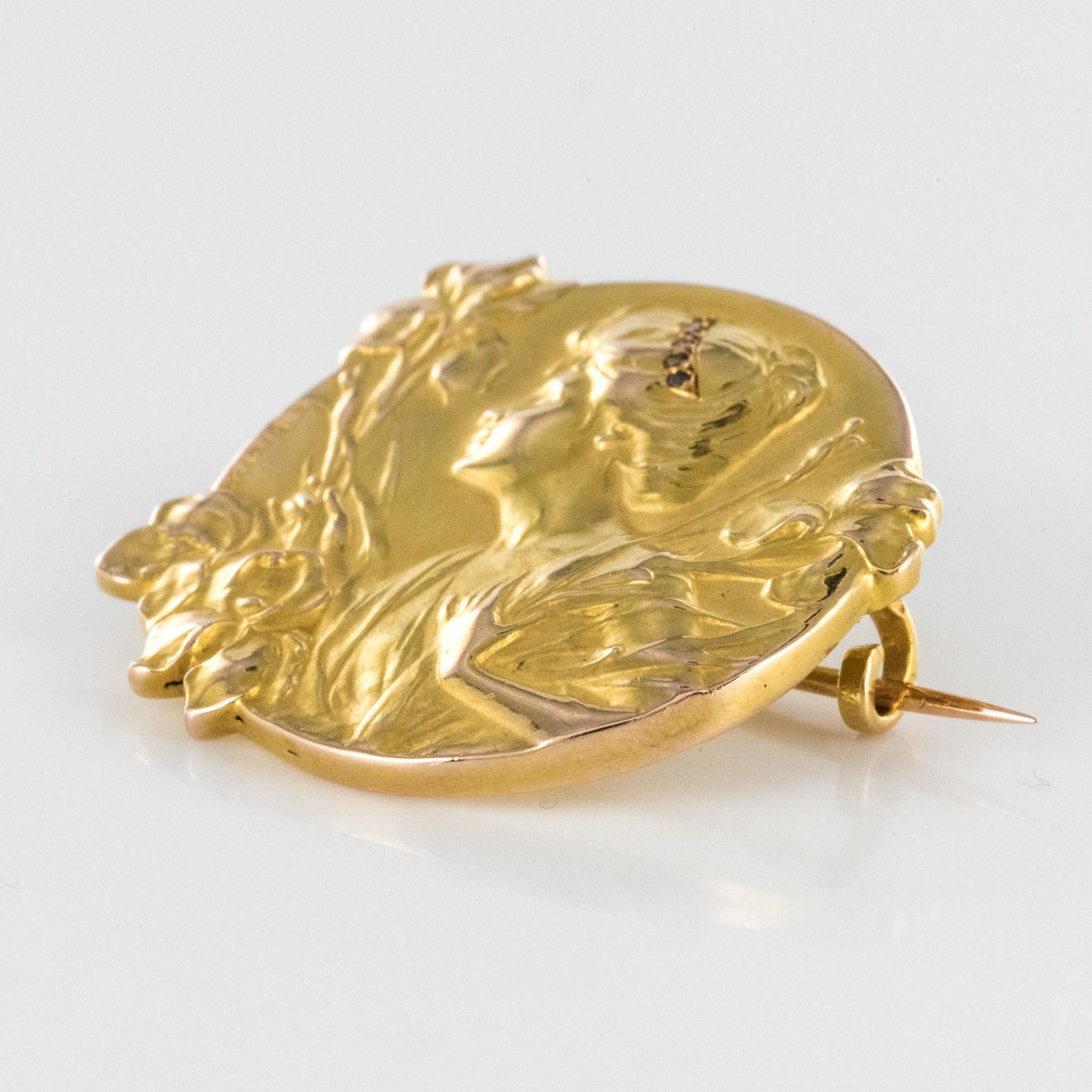 French E. Dropsy Art Nouveau Diamond 18 Karat Yellow Gold Brooch 3