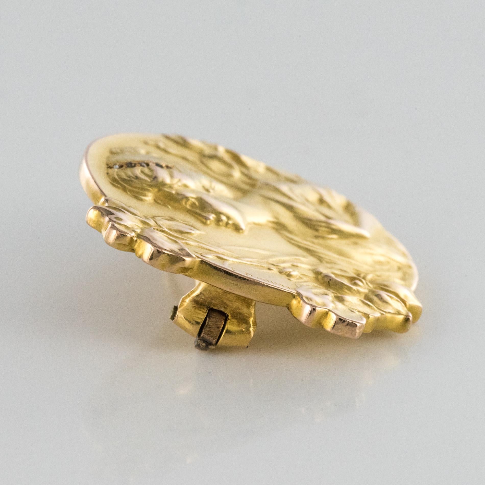 French E. Dropsy Art Nouveau Diamond 18 Karat Yellow Gold Brooch 5