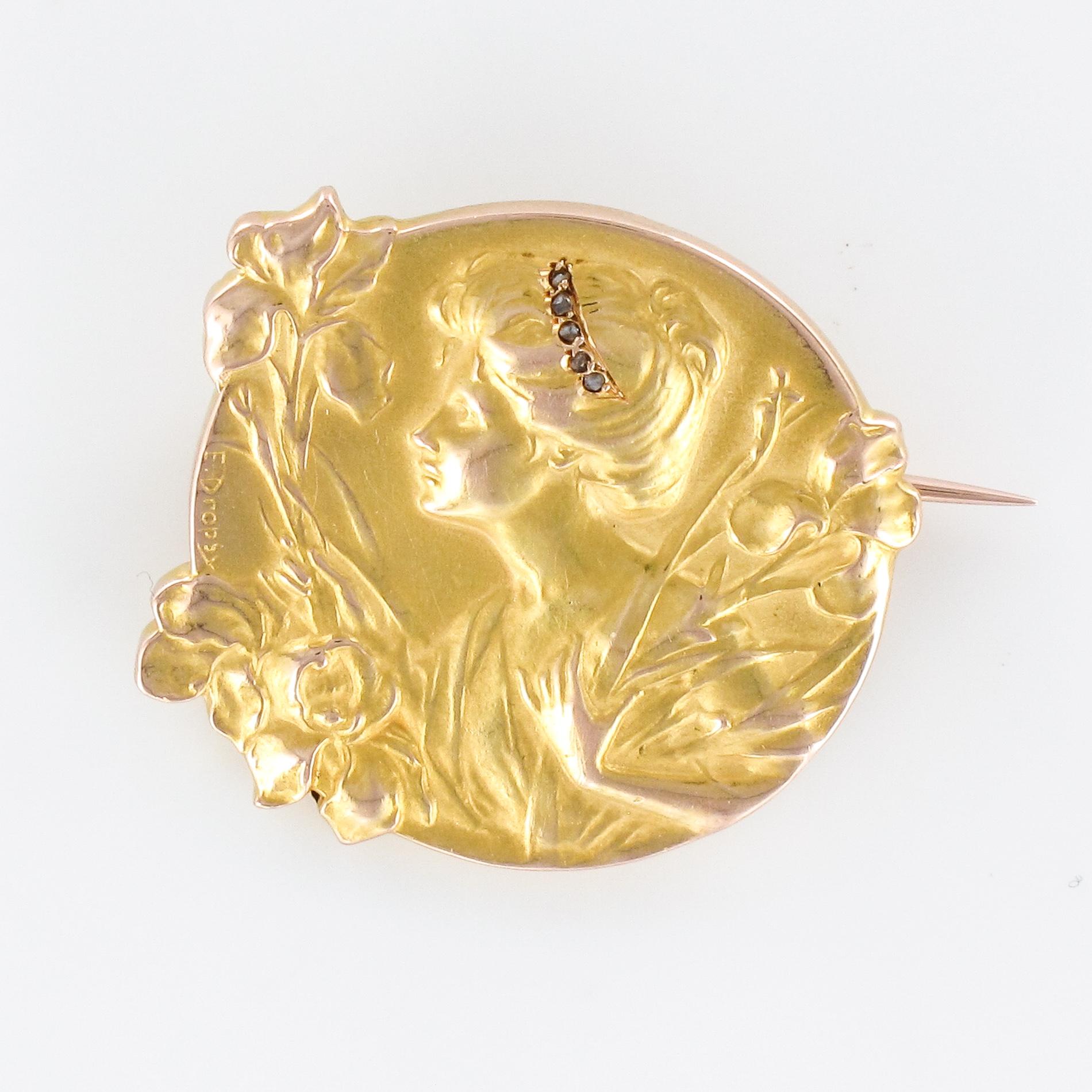 French E. Dropsy Art Nouveau Diamond 18 Karat Yellow Gold Brooch 10