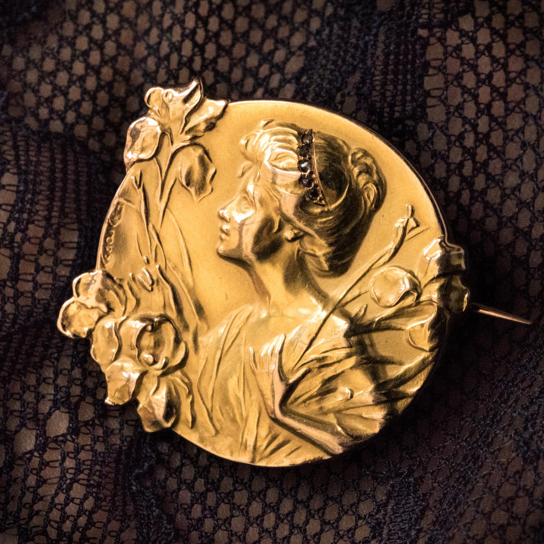 Rose Cut French E. Dropsy Art Nouveau Diamond 18 Karat Yellow Gold Brooch